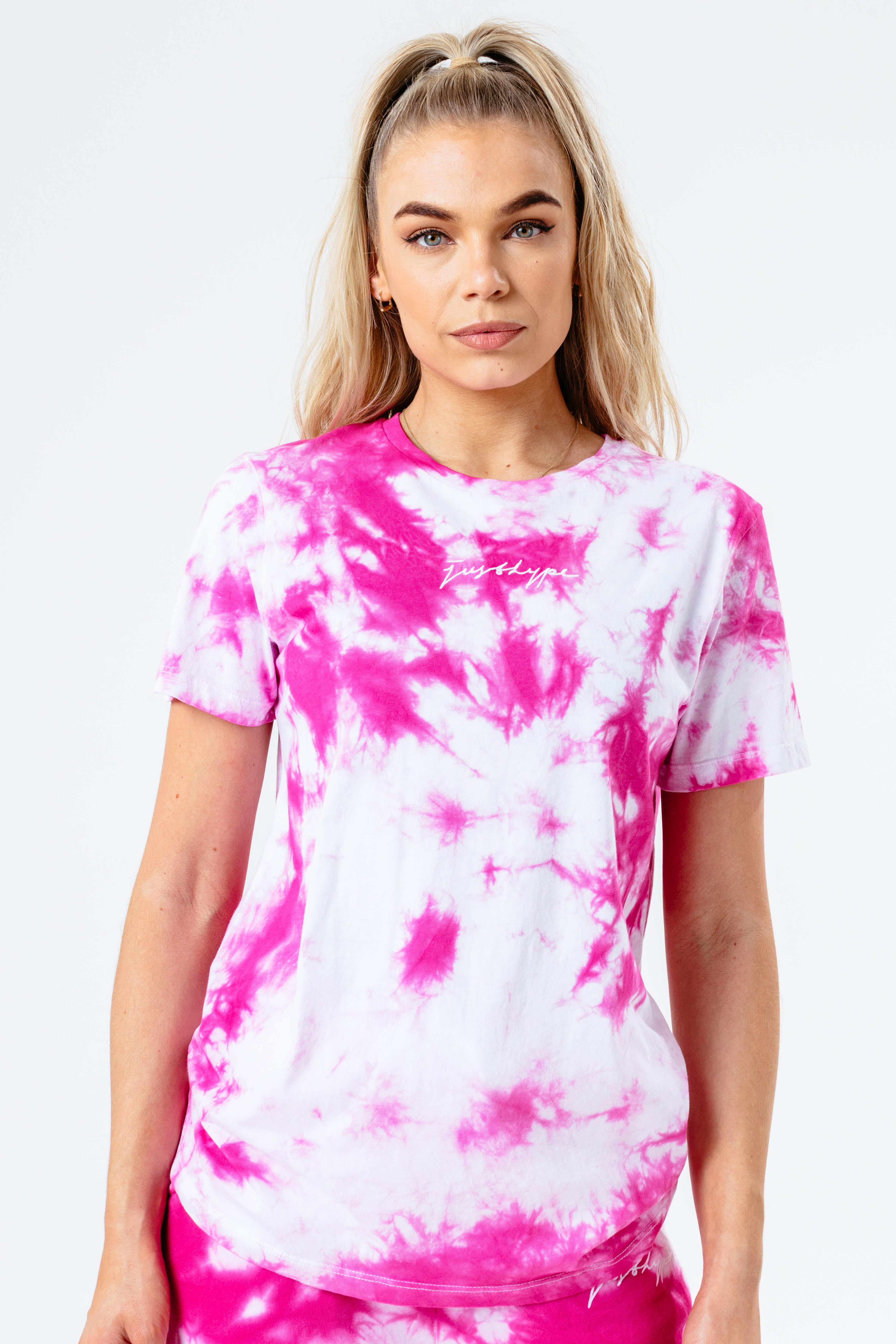 HYPE PINK TIE DYE SCRIBBLE LOGO WOMEN'S T-SHIRT