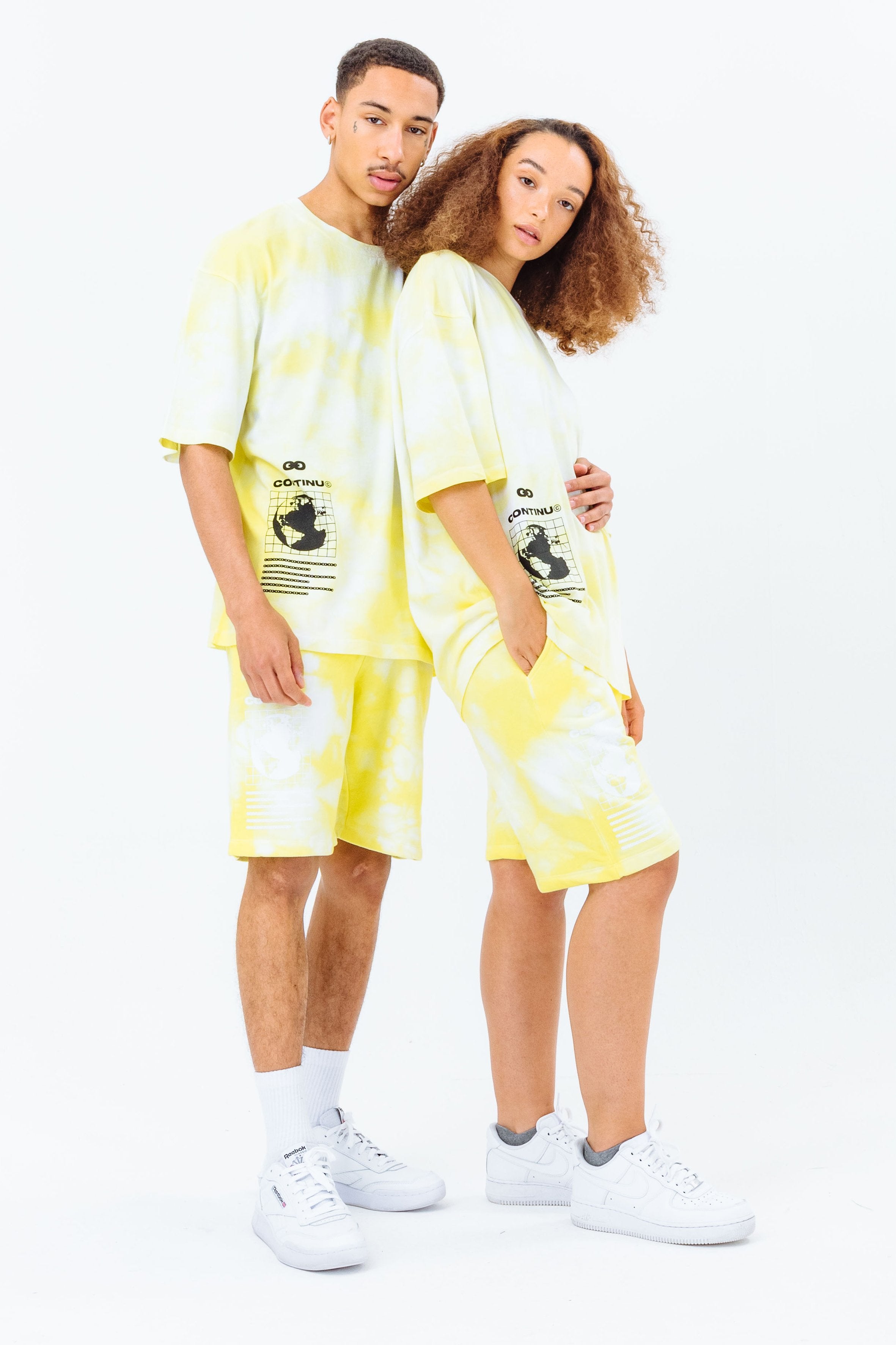 continu8 yellow tie dye jersey shorts