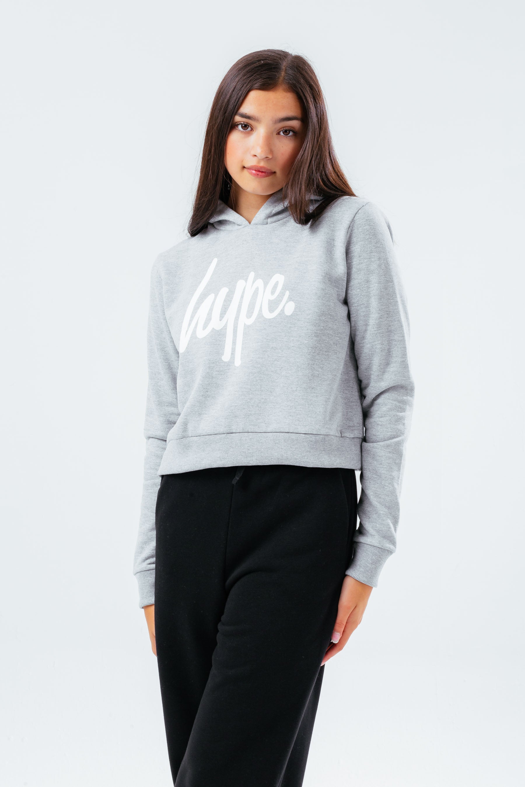 hype girls grey marl script crop hoodie