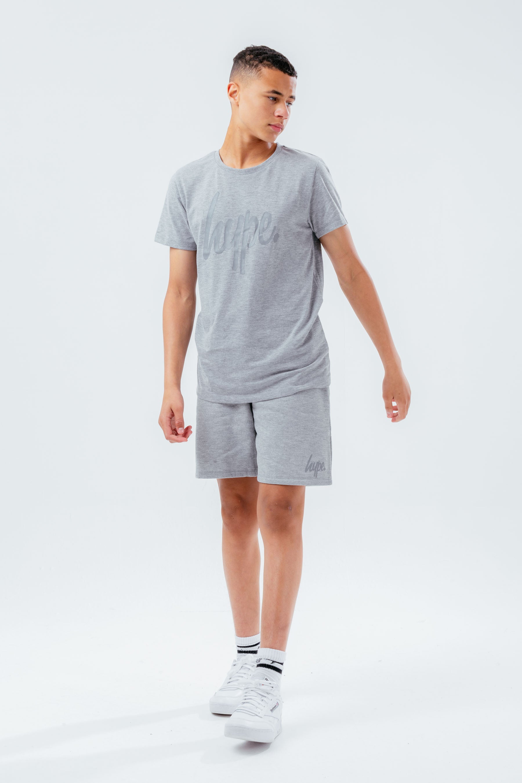 hype boys grey marl script shorts set