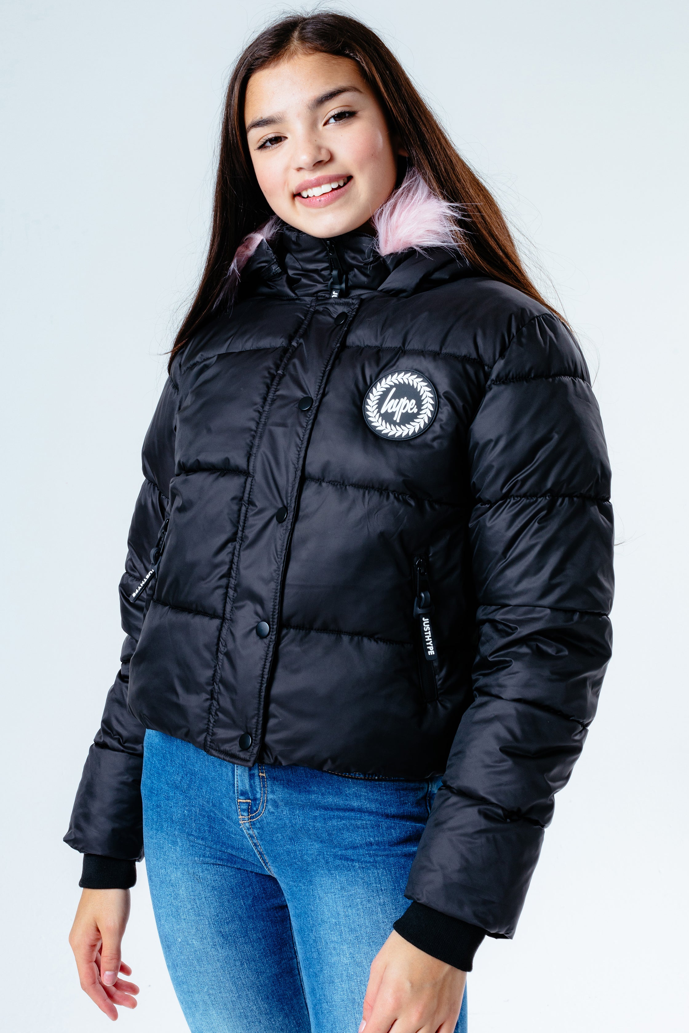 hype black pink hood girls crop puffer jacket