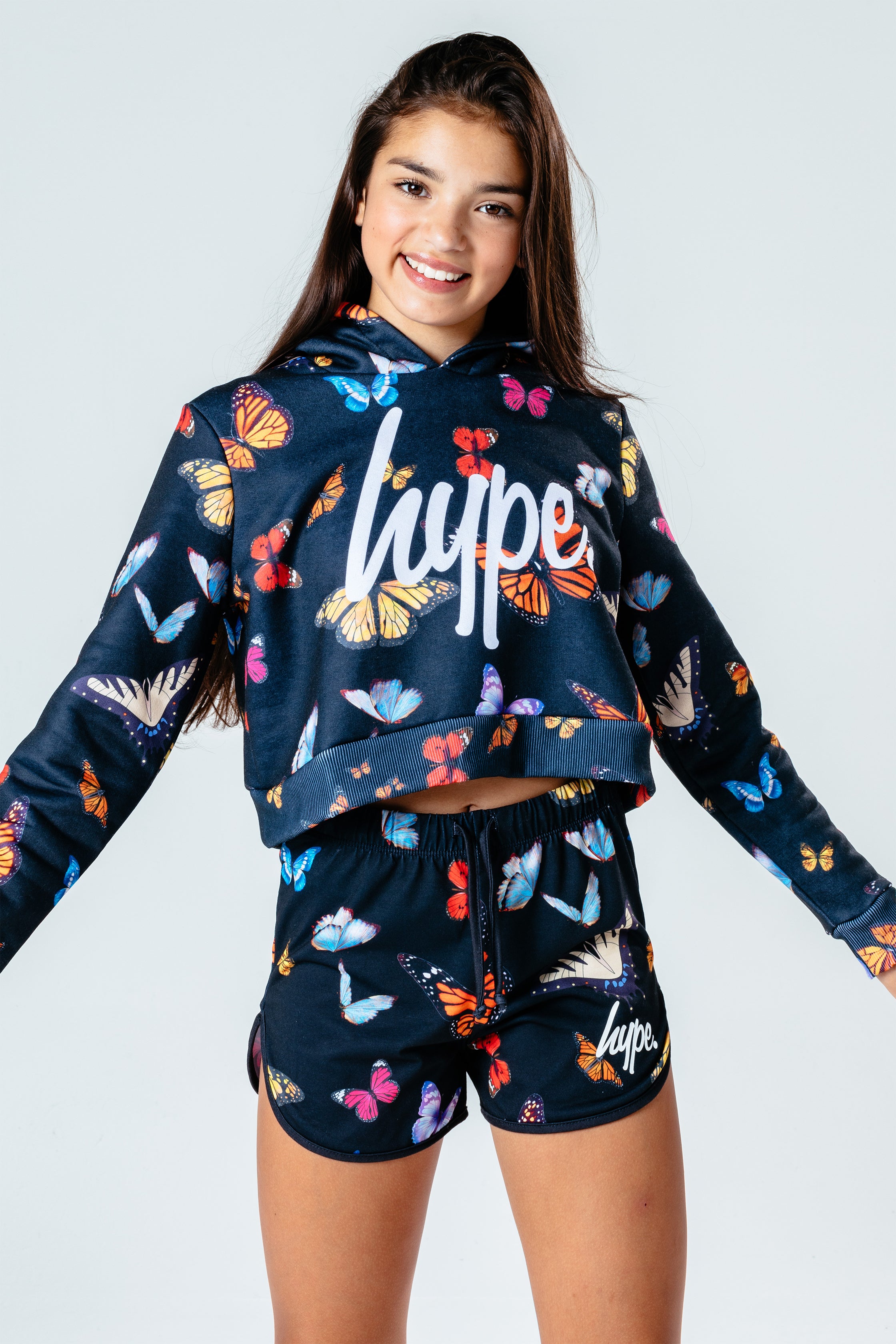 hype black butterfly girls crop pullover hoodie