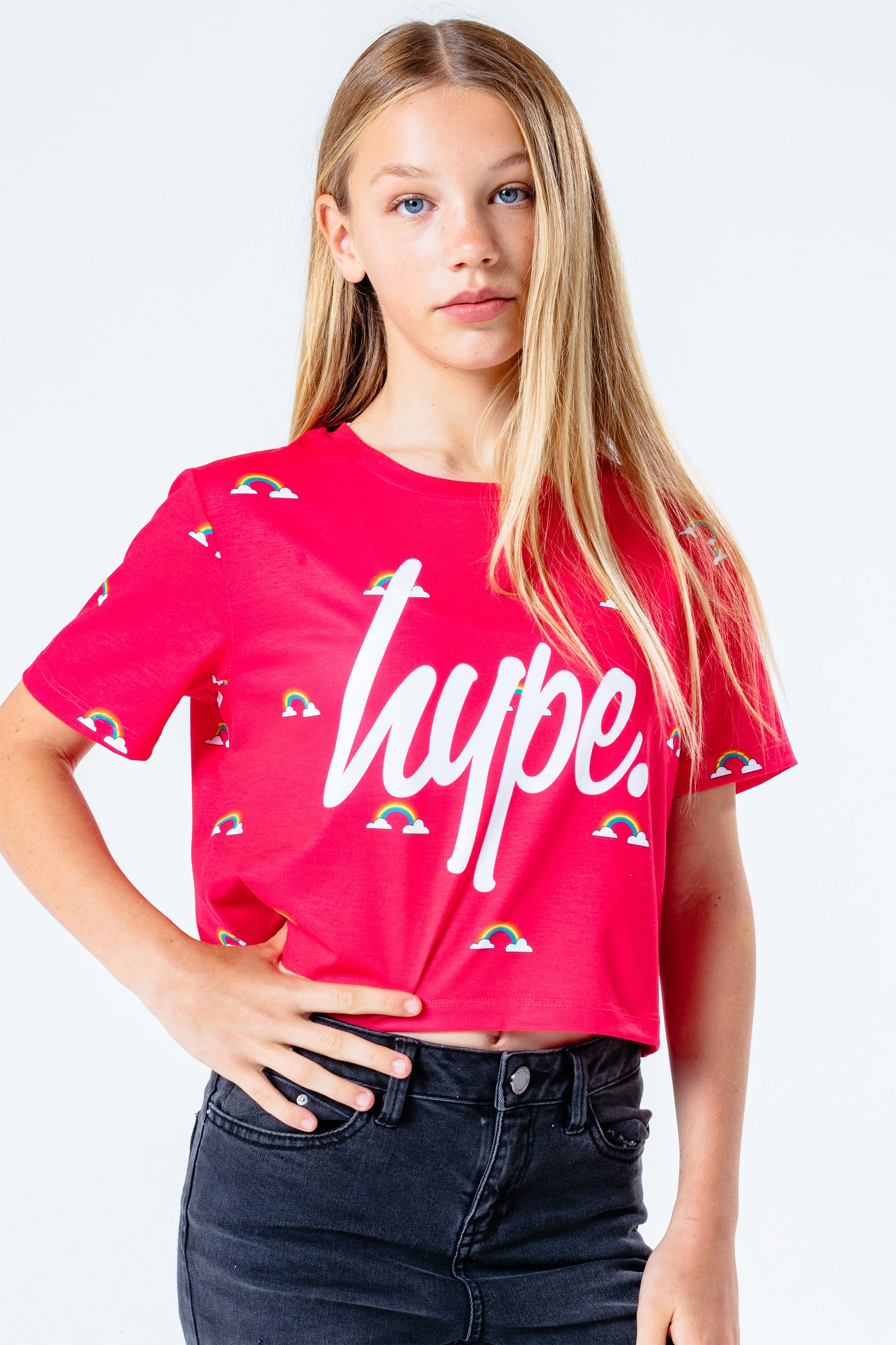 hype pink ditsy rainbow print girls crop t-shirt