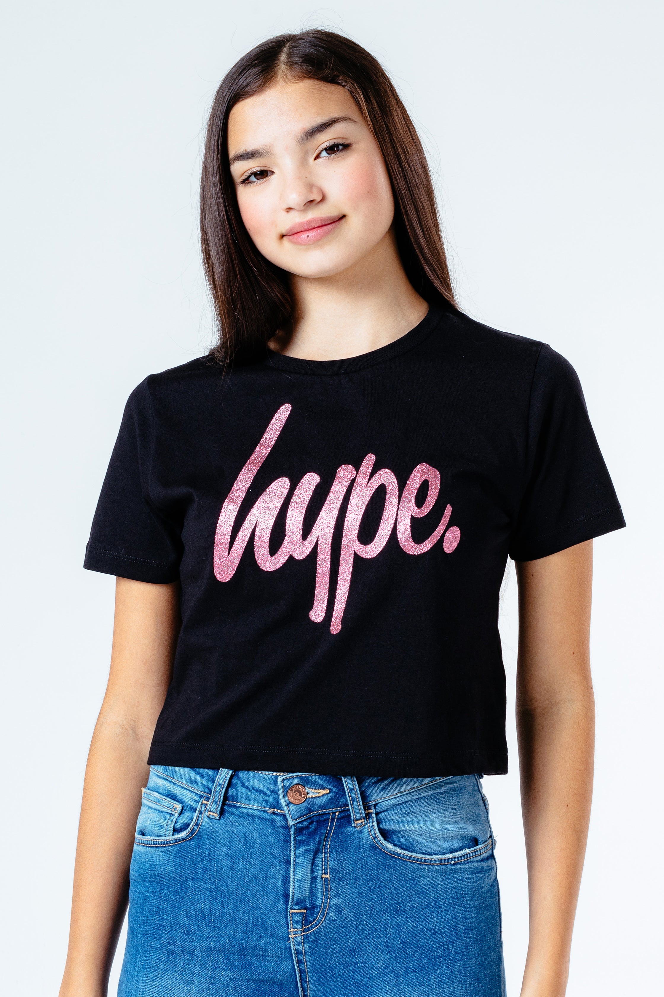 hype pink glitter script girls crop t-shirt