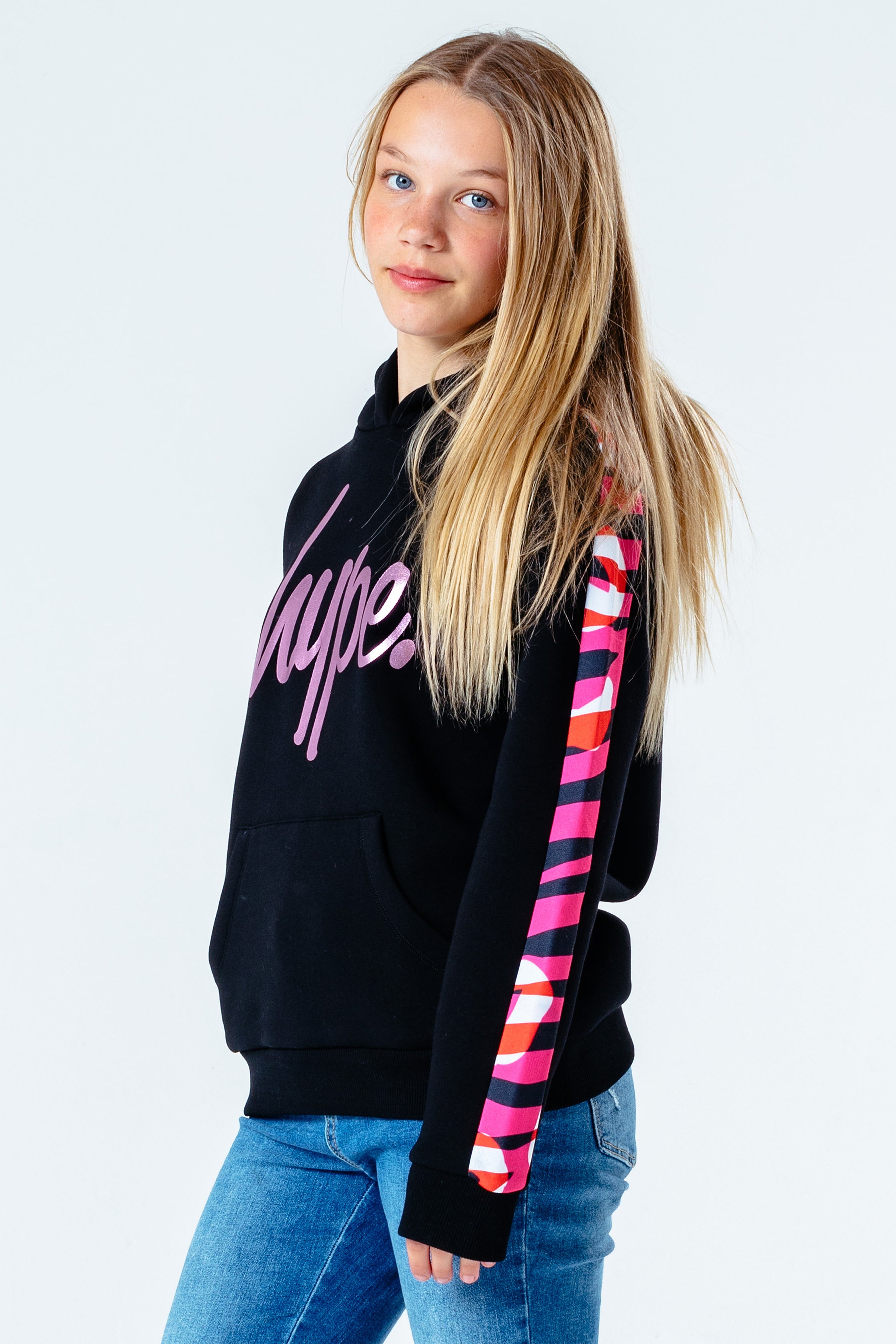 hype black & pink animal panel girls pullover hoodie