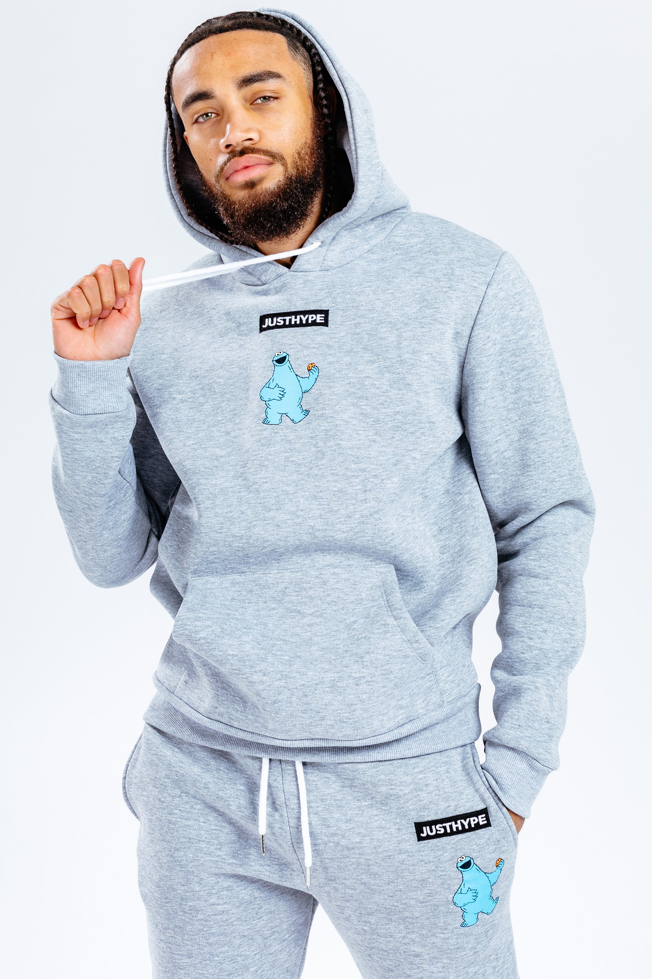 HYPE X SESAME STREET GREY COOKIE MONSTER LOGO ADULT PULLOVER HOODIE