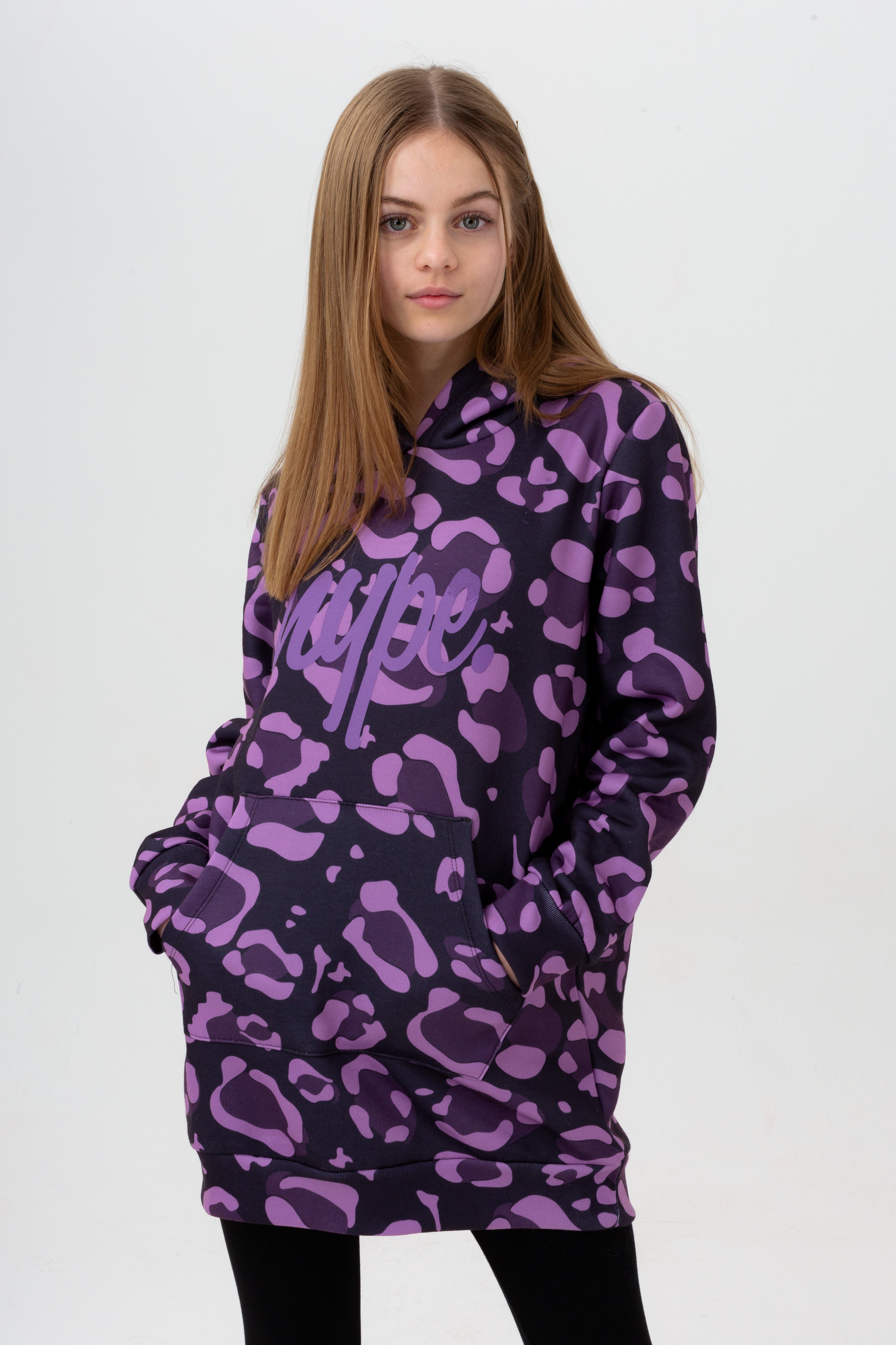 hype girls purple leopard script longline hoodie