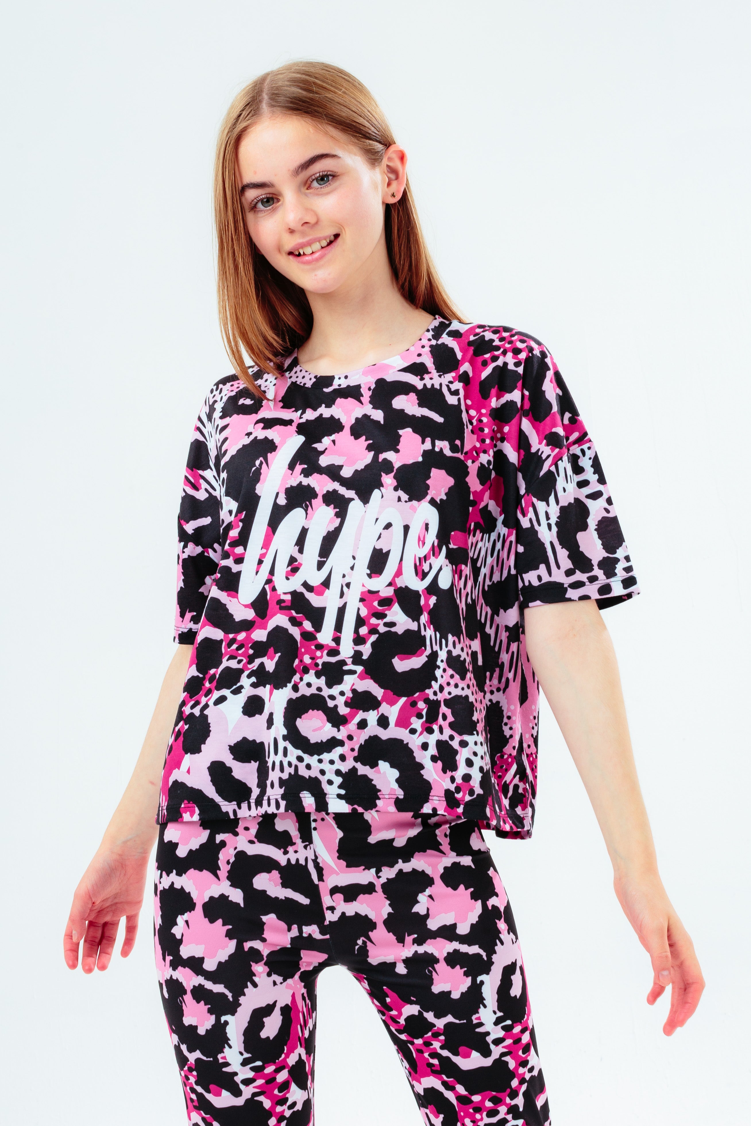 hype girls pink leopard script t-shirt