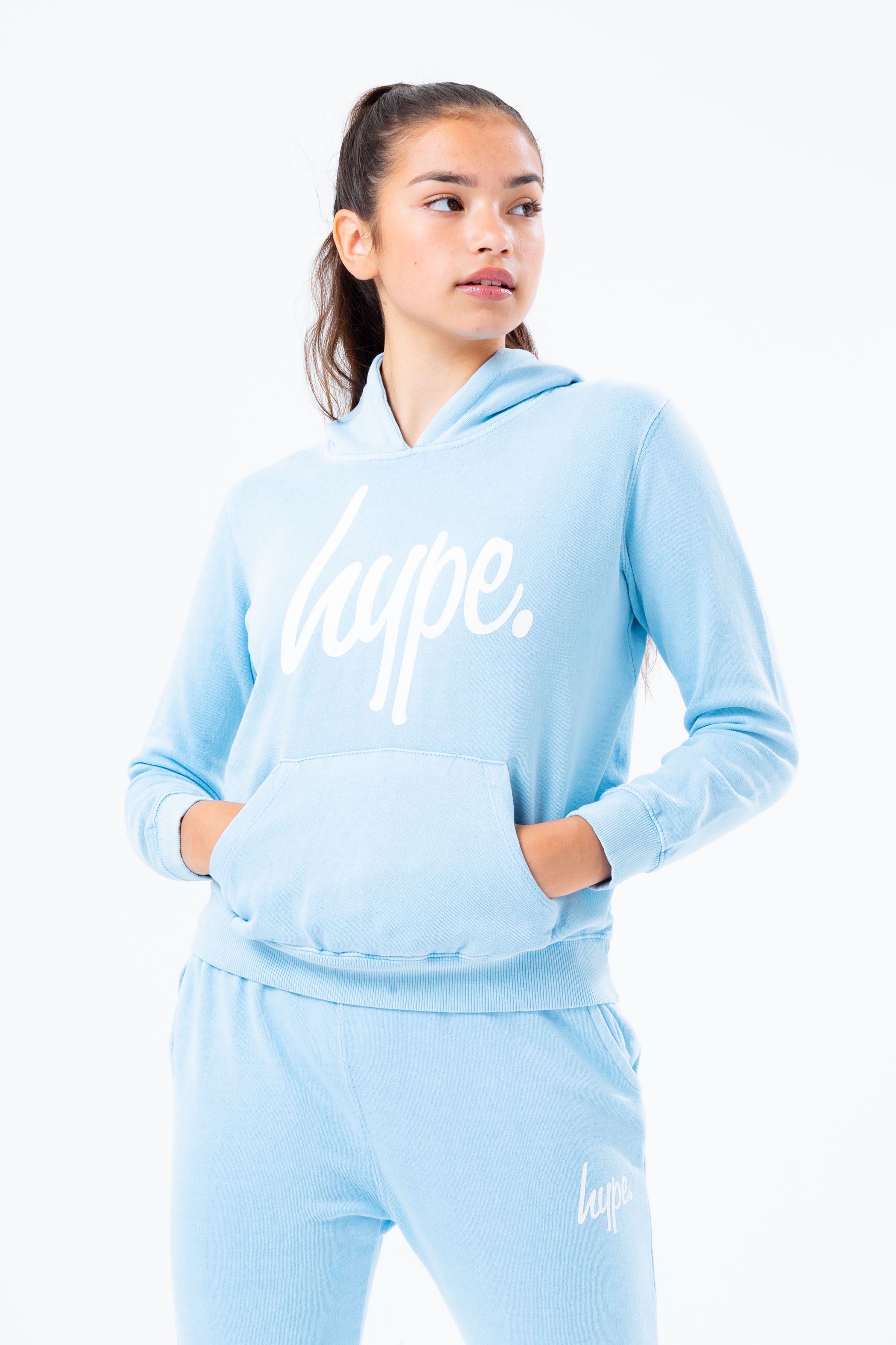 hype washed baby blue script logo girls pullover hoodie