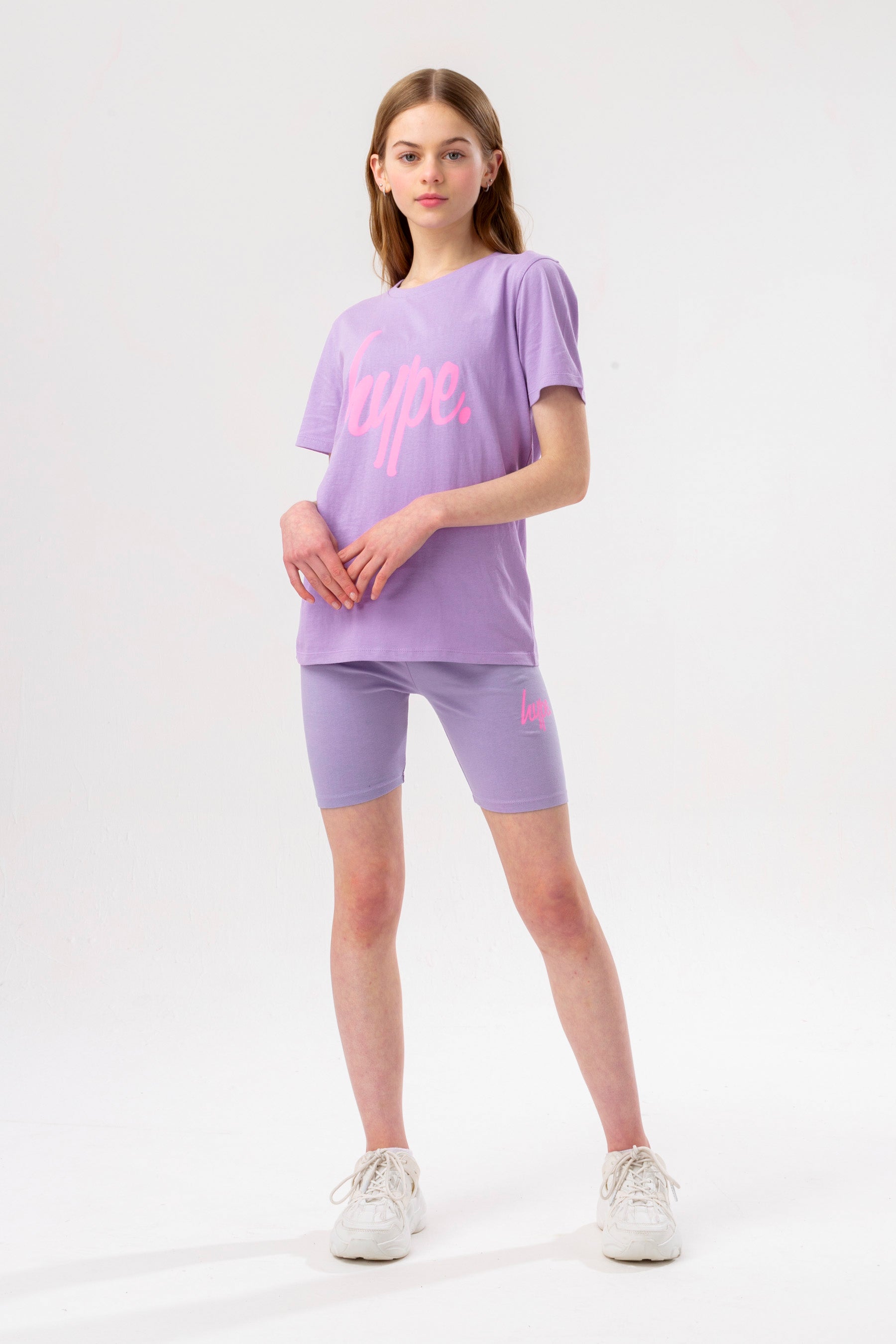 hype girls lilac script t-shirt and cycling short set