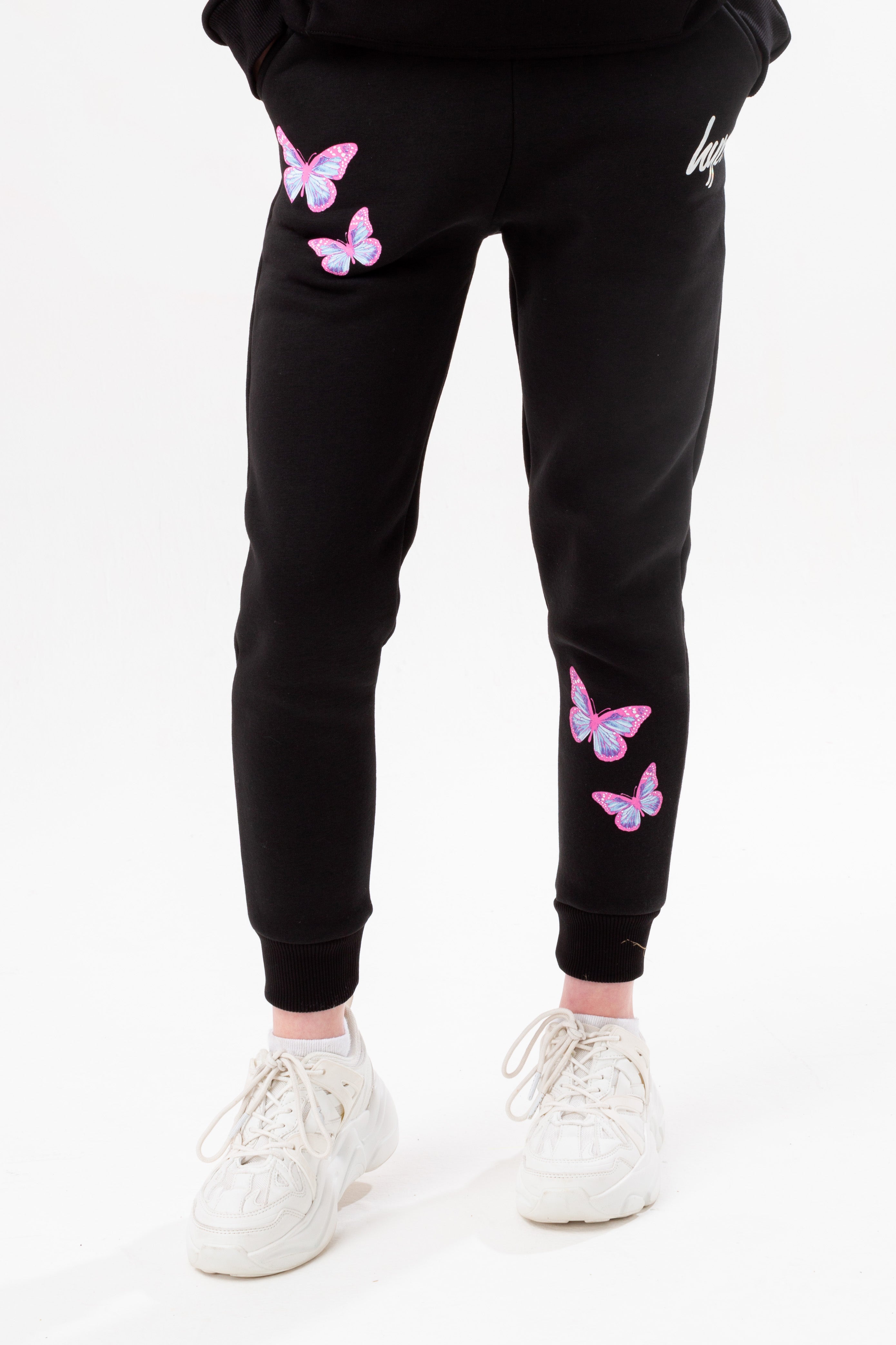 hype girls black butterfly script joggers