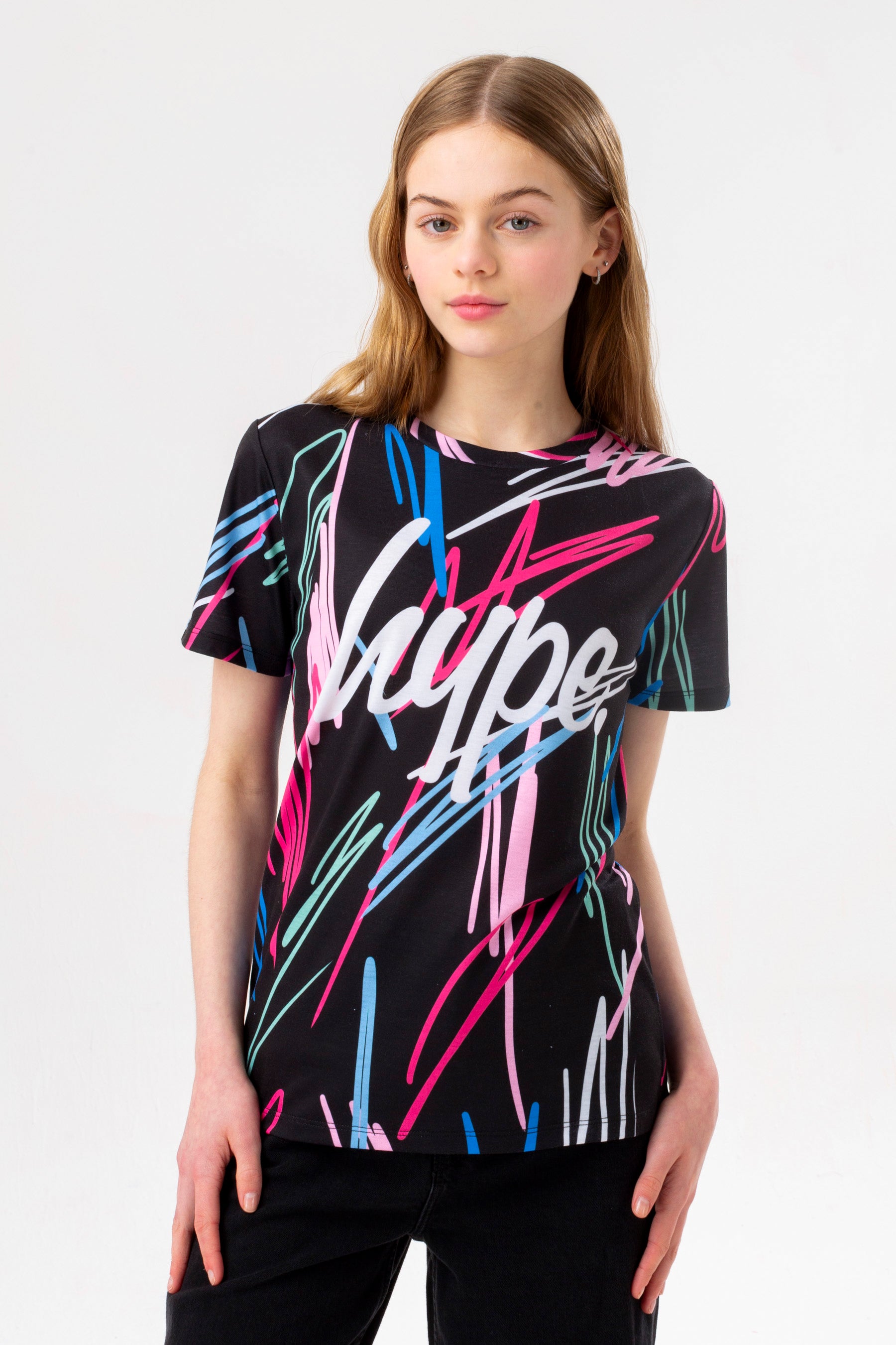 hype girls black scribble script t-shirt