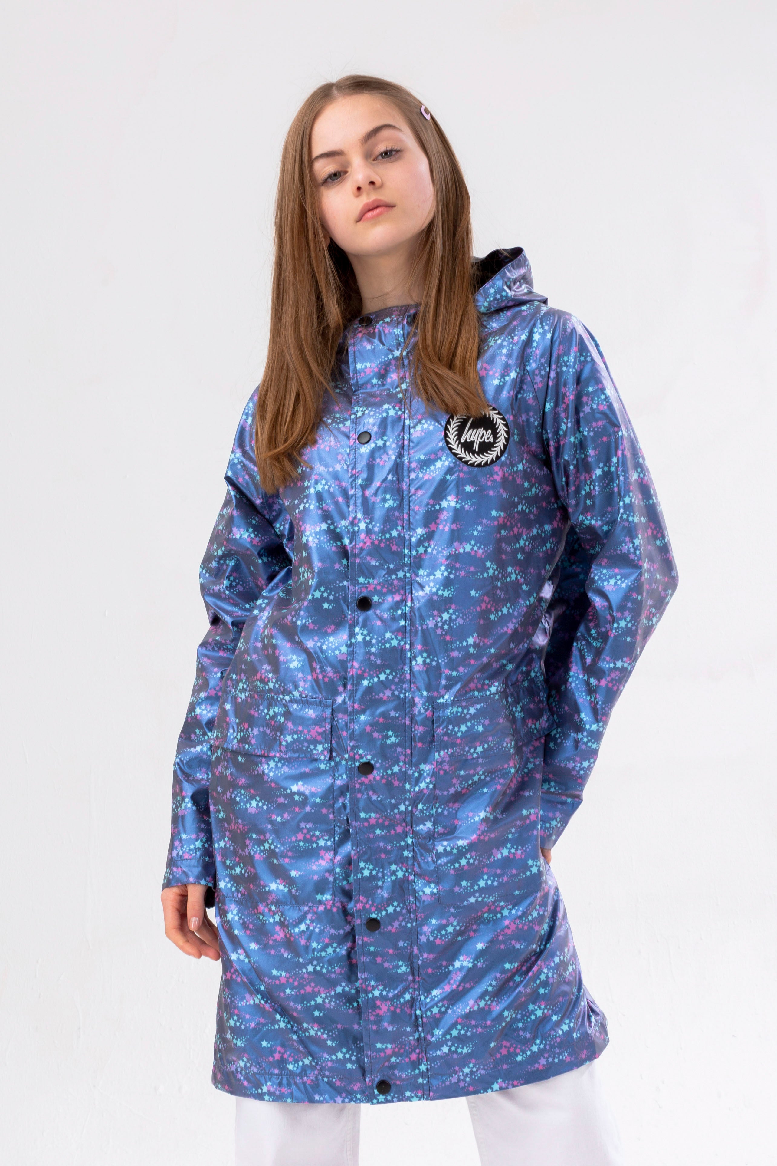 hype girls longline blue star fade raincoat