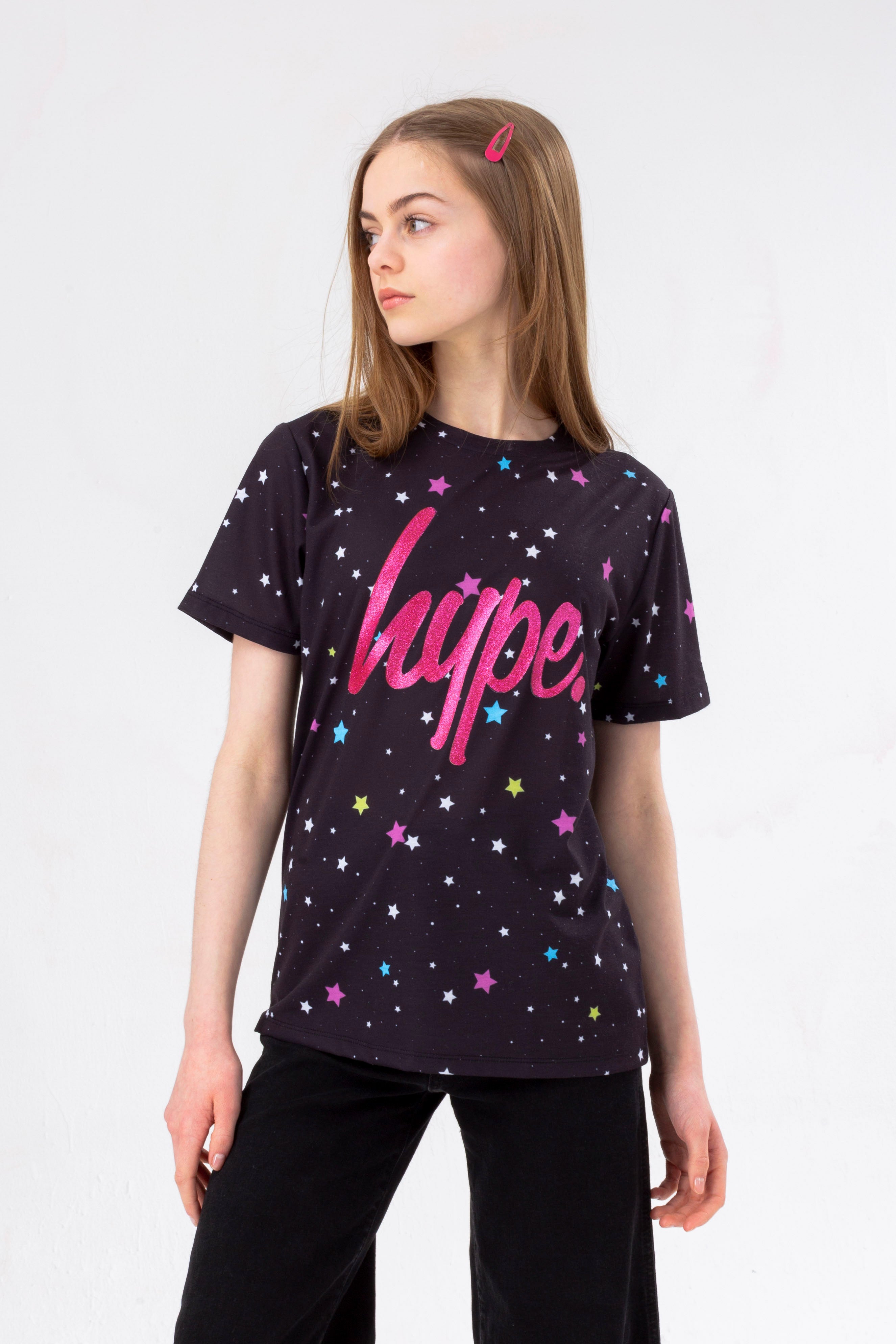 hype black multi star glitter script girls t-shirt