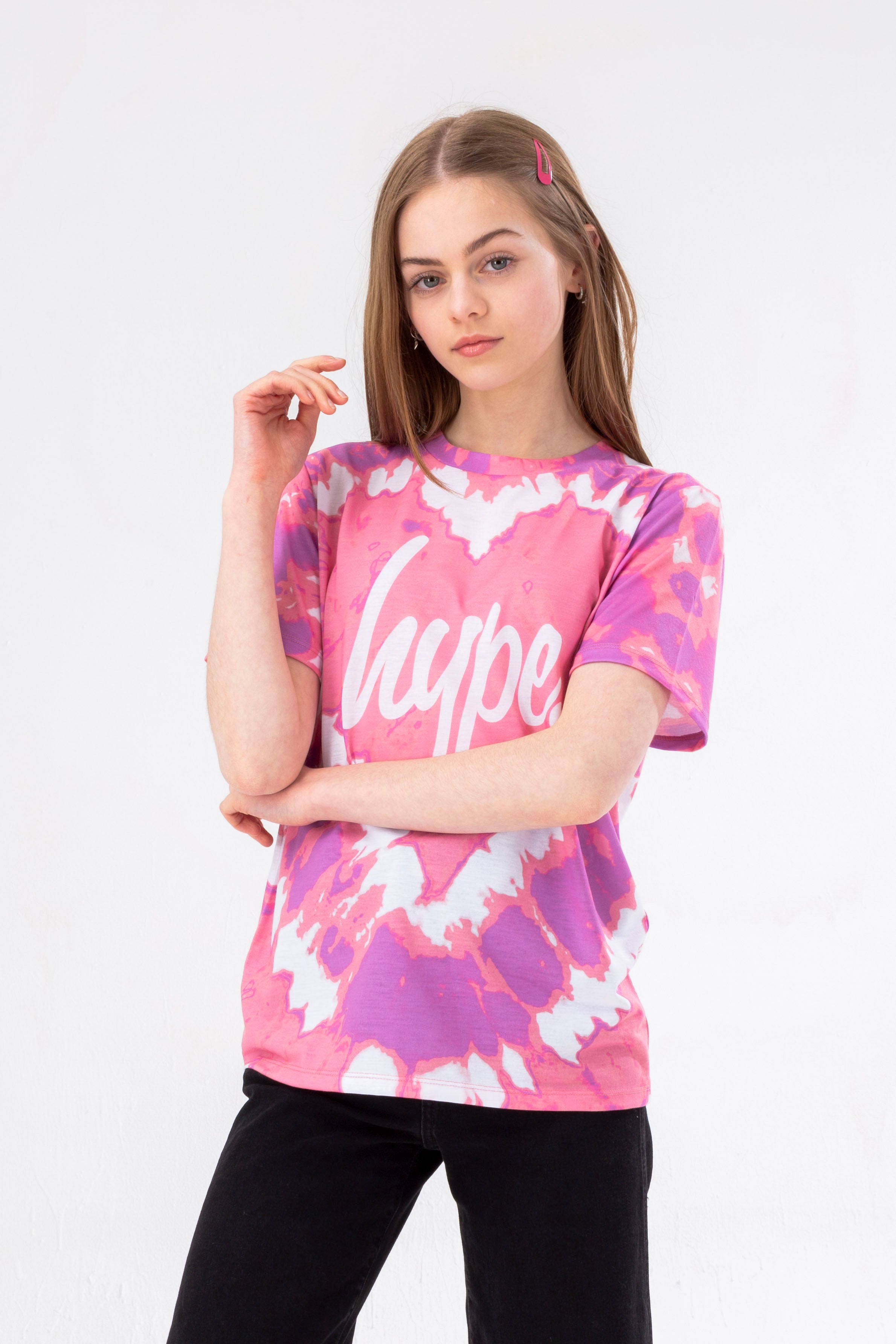 hype girls pink tie dye heart script t-shirt