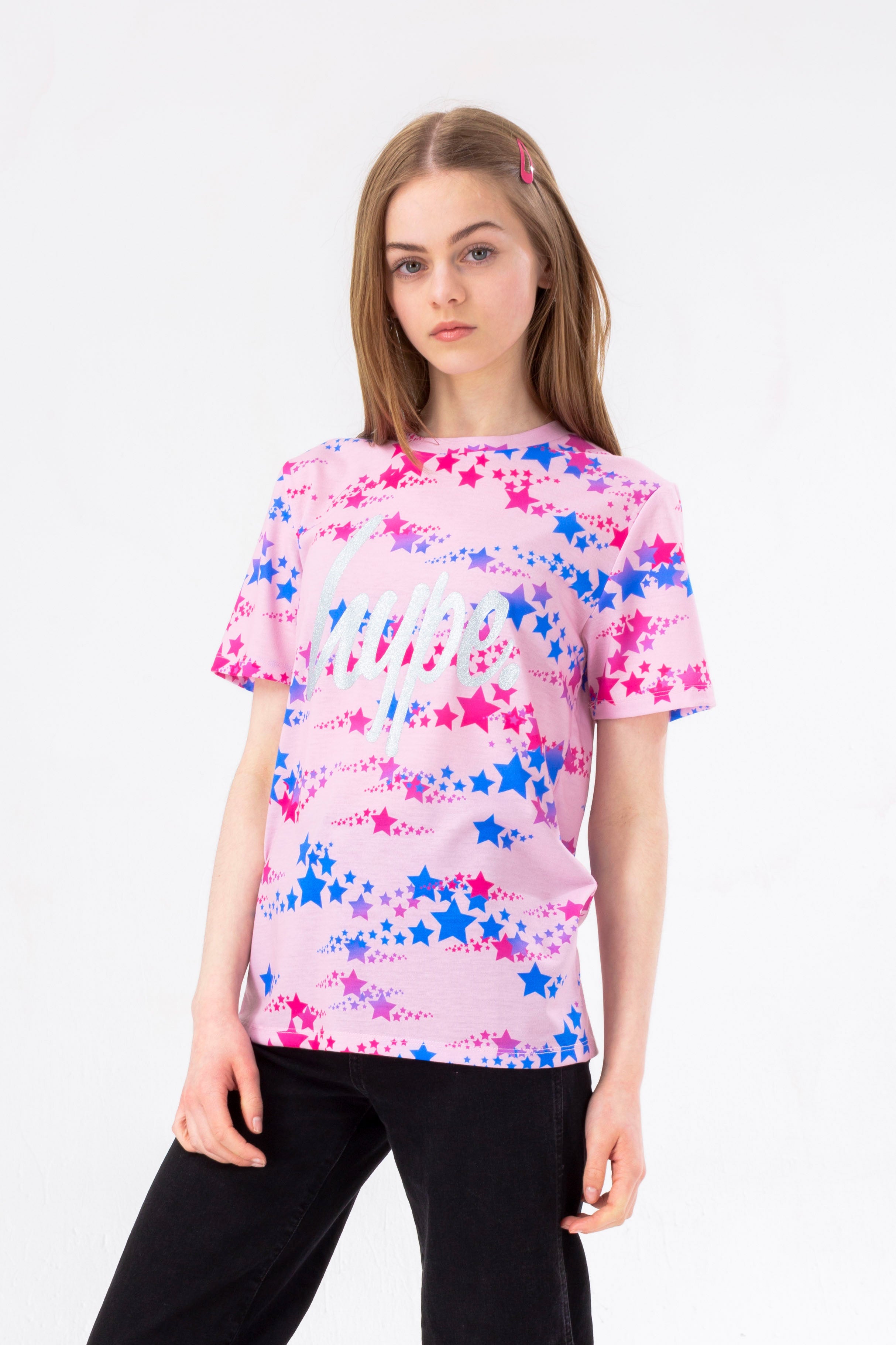 hype girls pink blue shooting star glitter script t-shirt