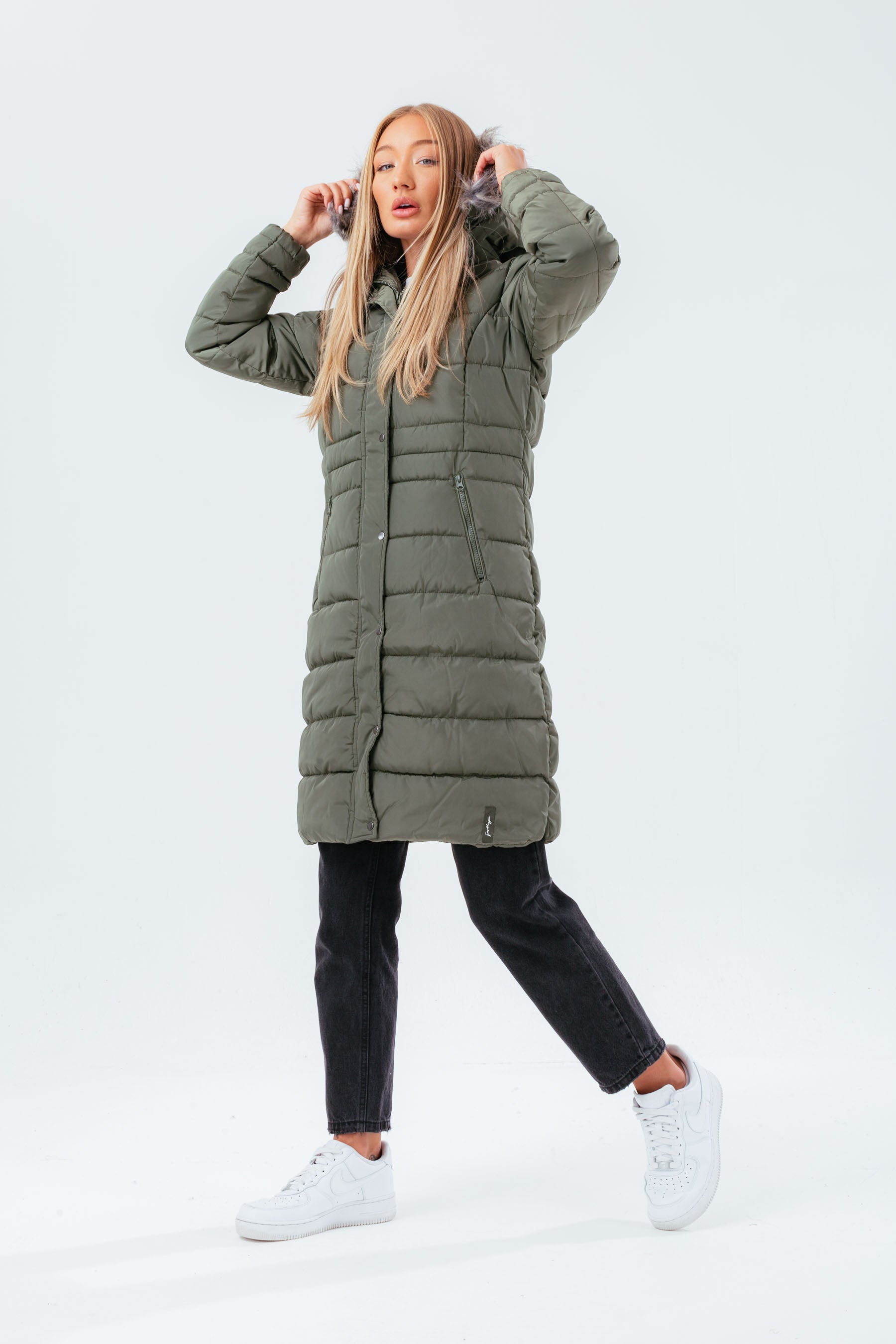 hype khaki longline women’s padded coat with fur