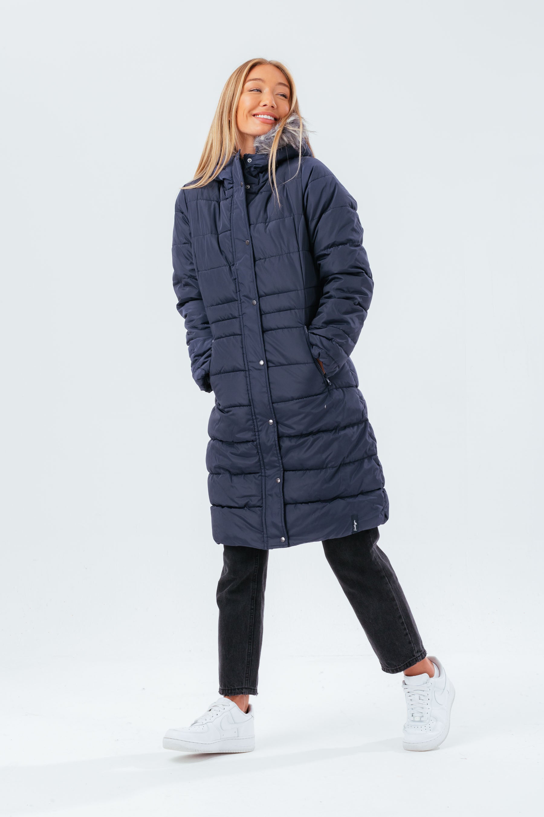 hype navy longline women’s padded coat with fur