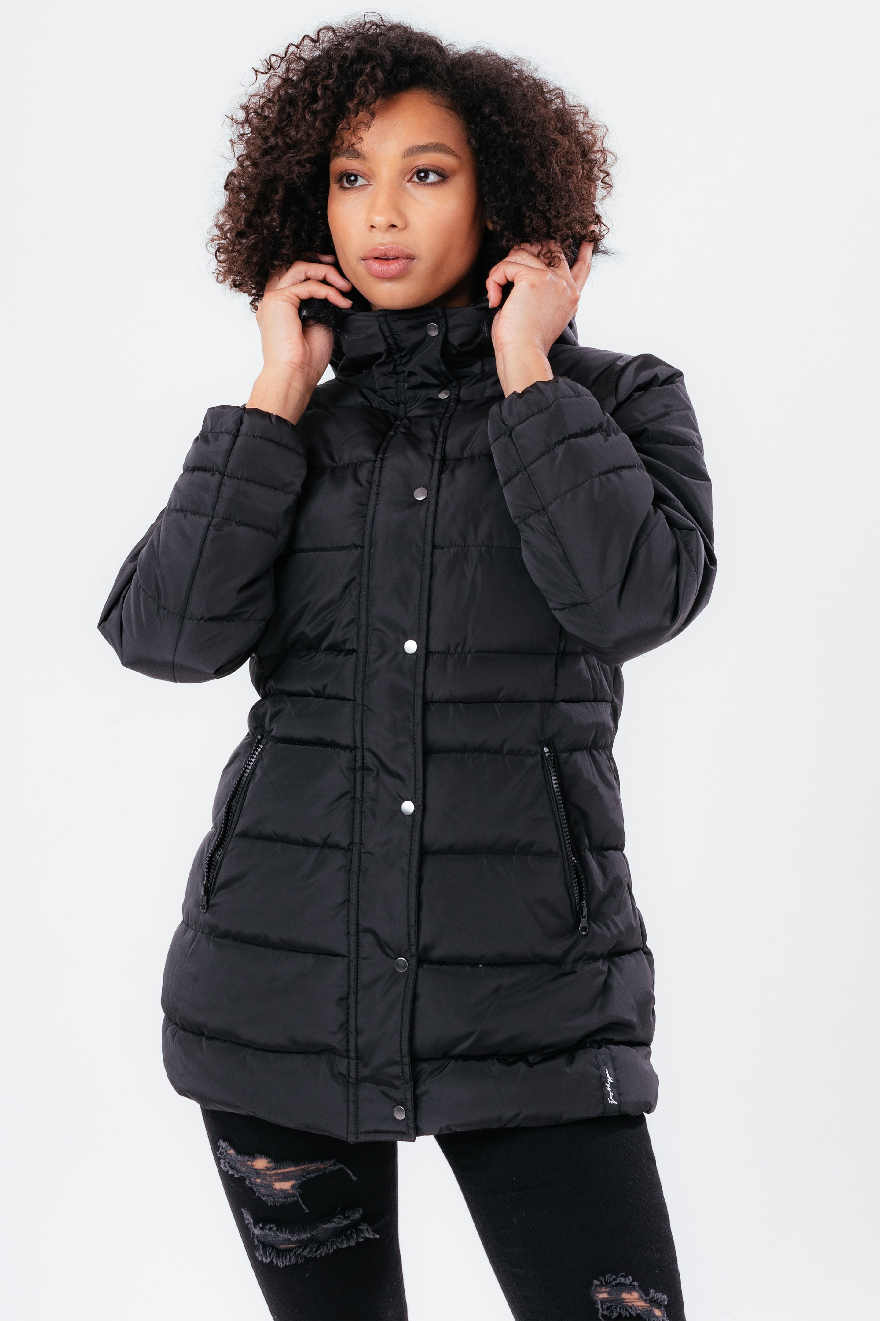 hype black mid length women’s padded coat with fur