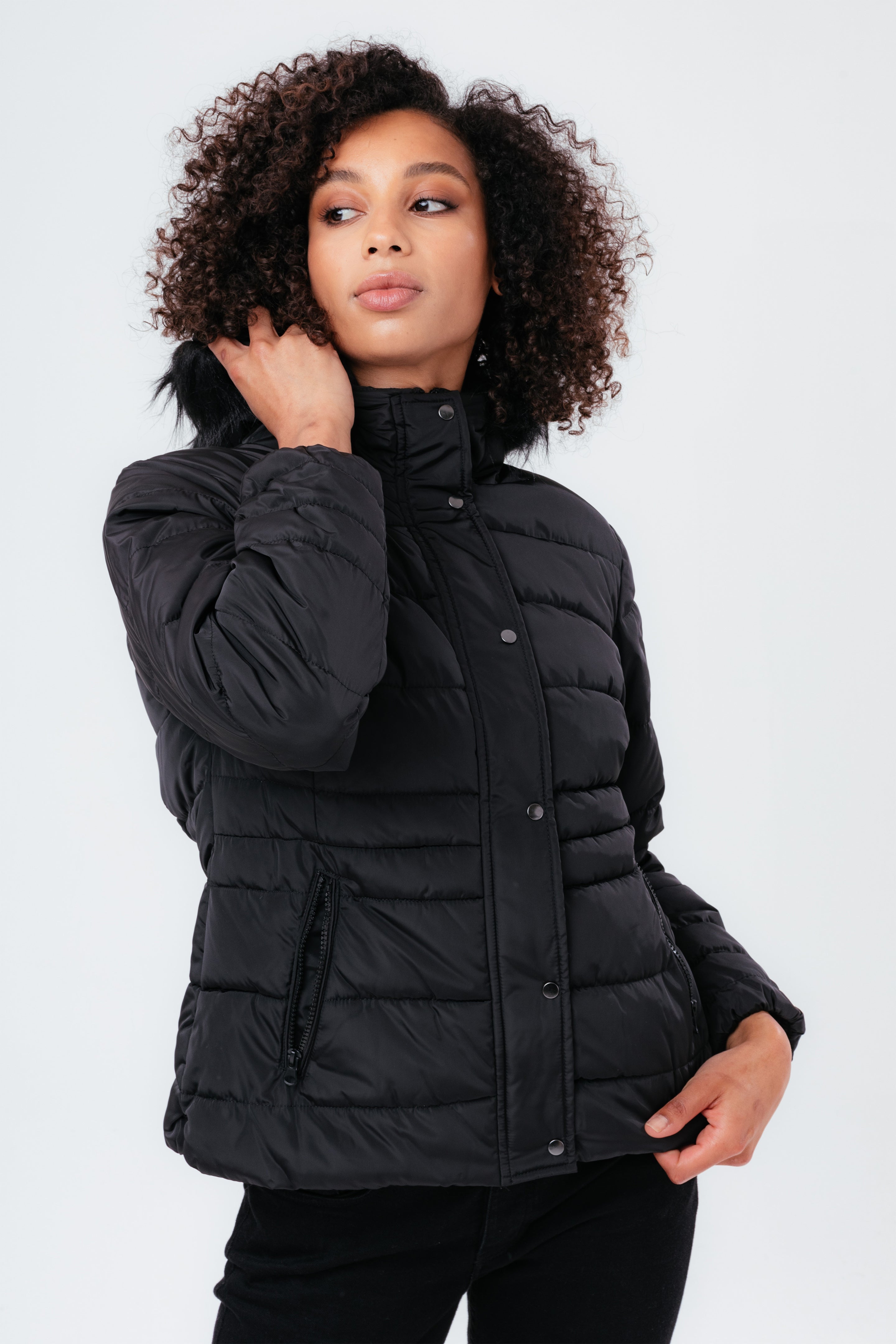 hype black short length women’s padded coat with fur