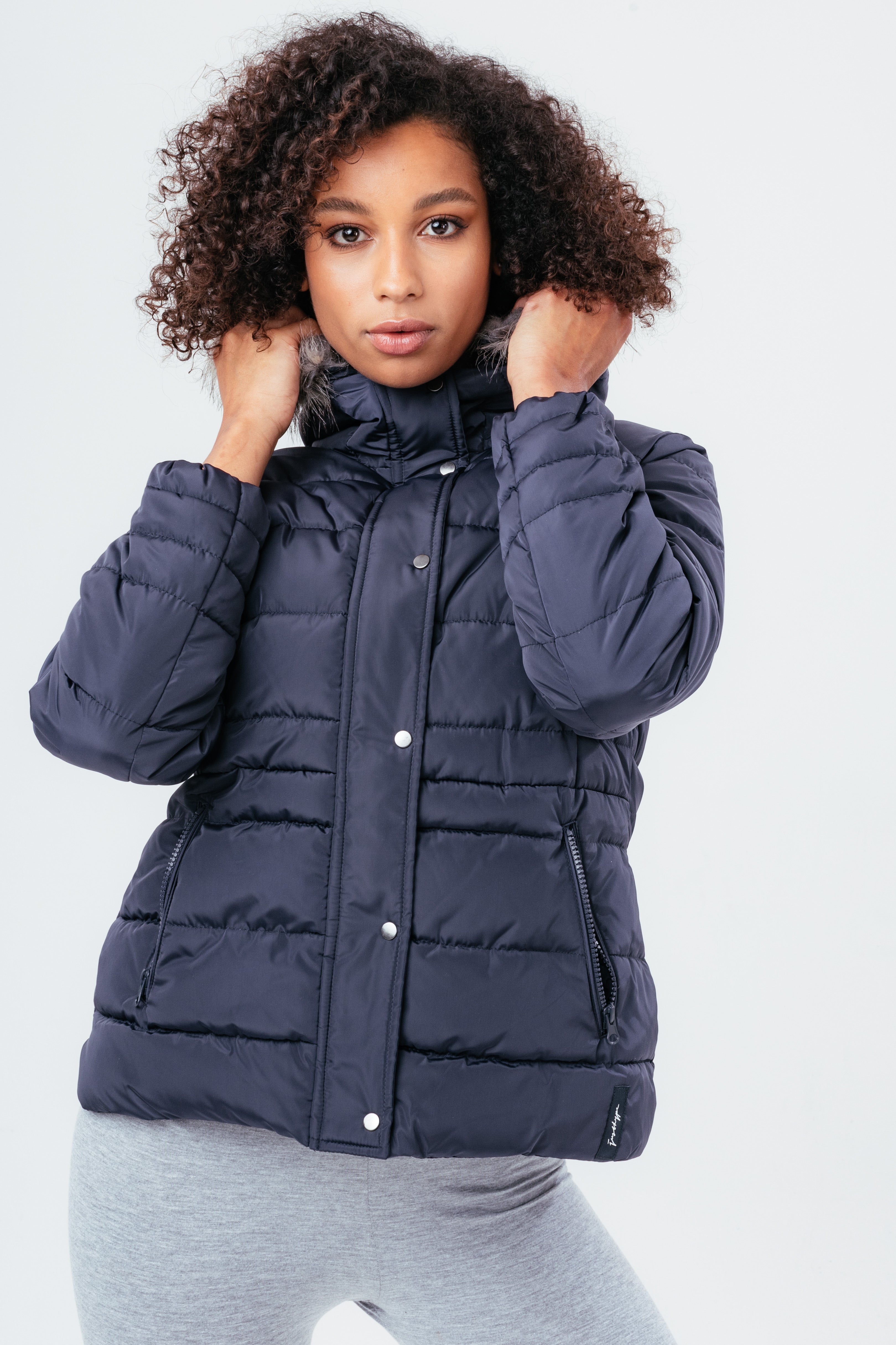 hype navy short length women’s padded coat with fur