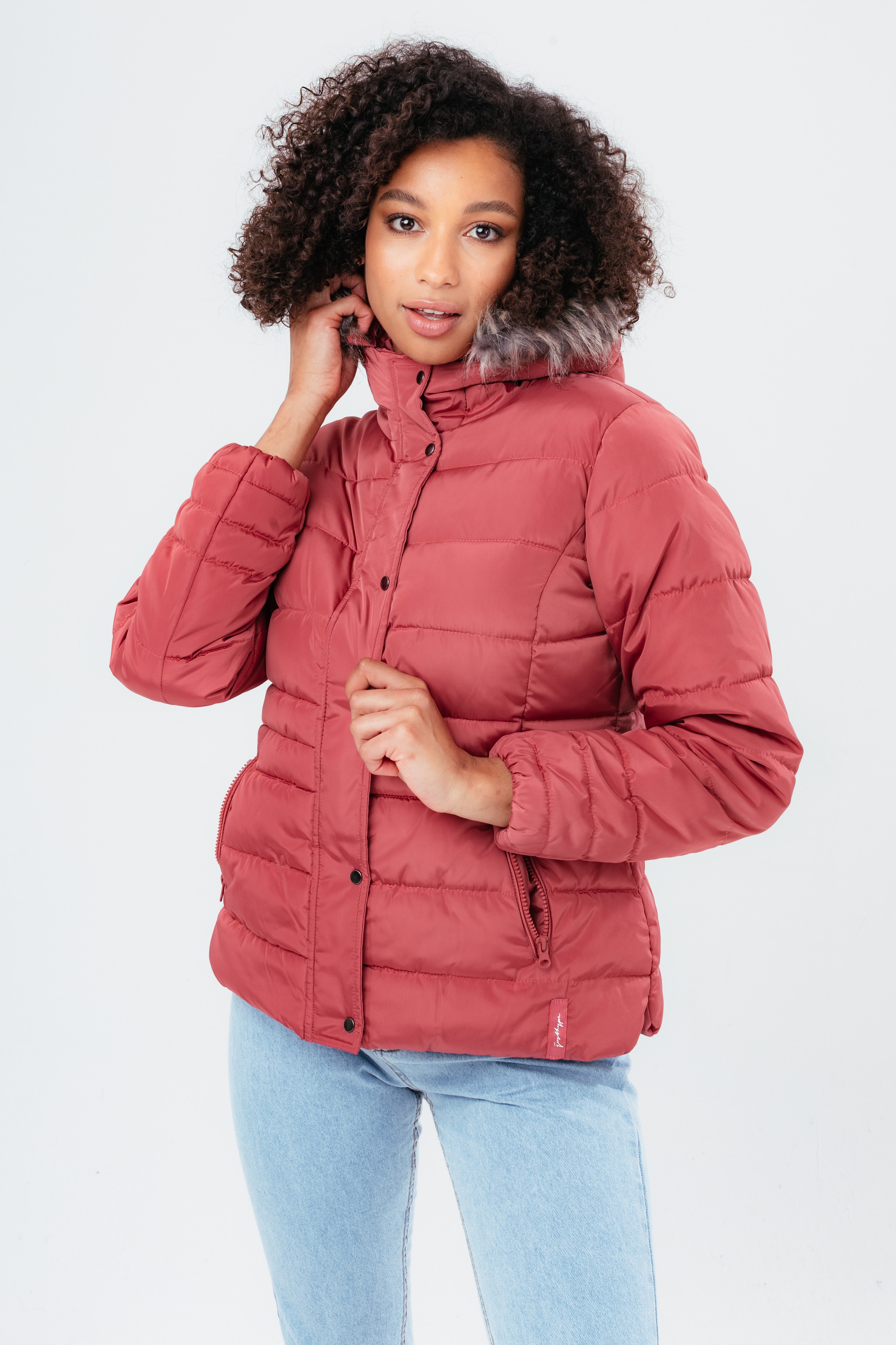 hype rosy short length women’s padded coat with fur