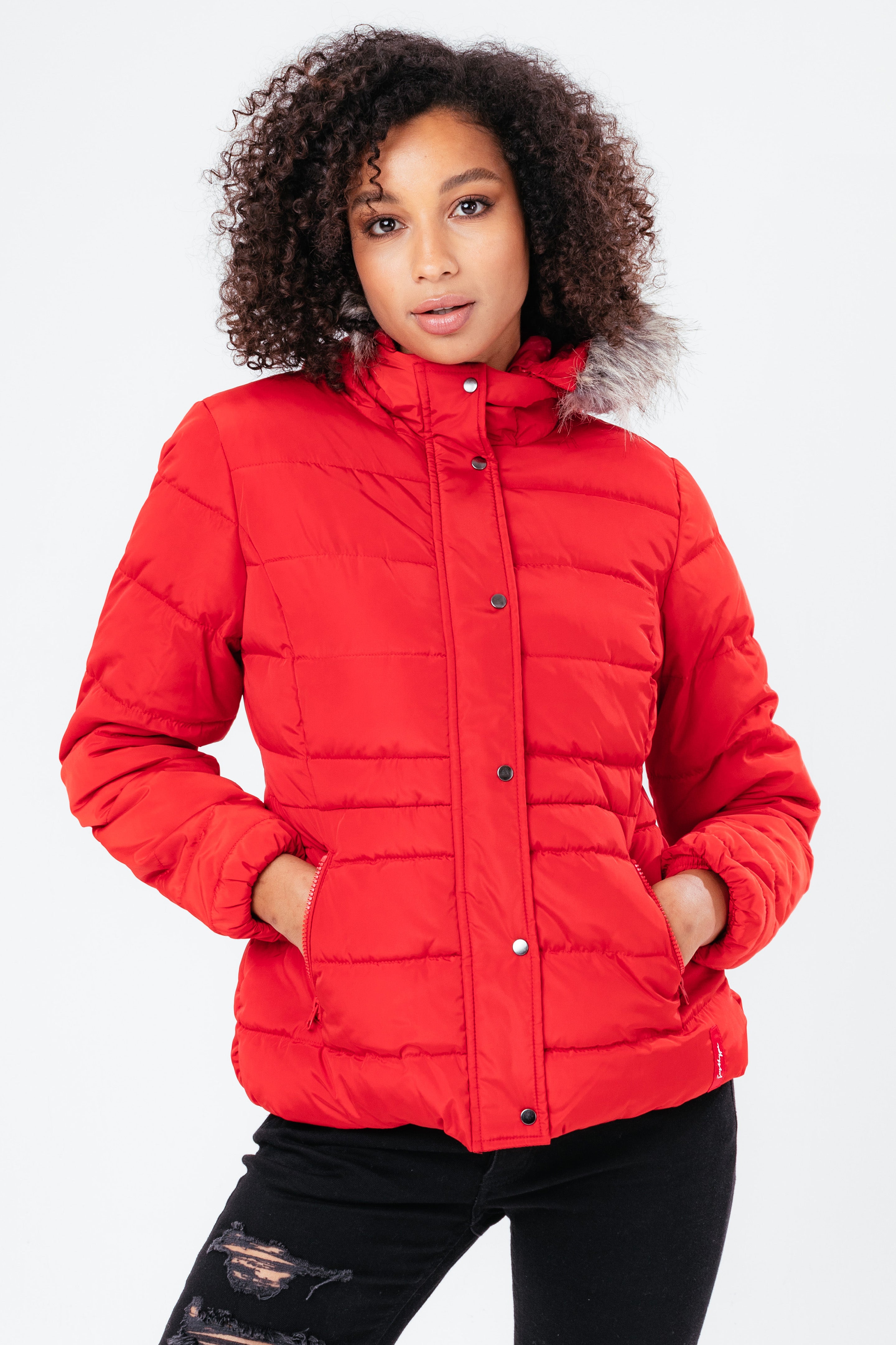 hype red short length women’s padded coat with fur