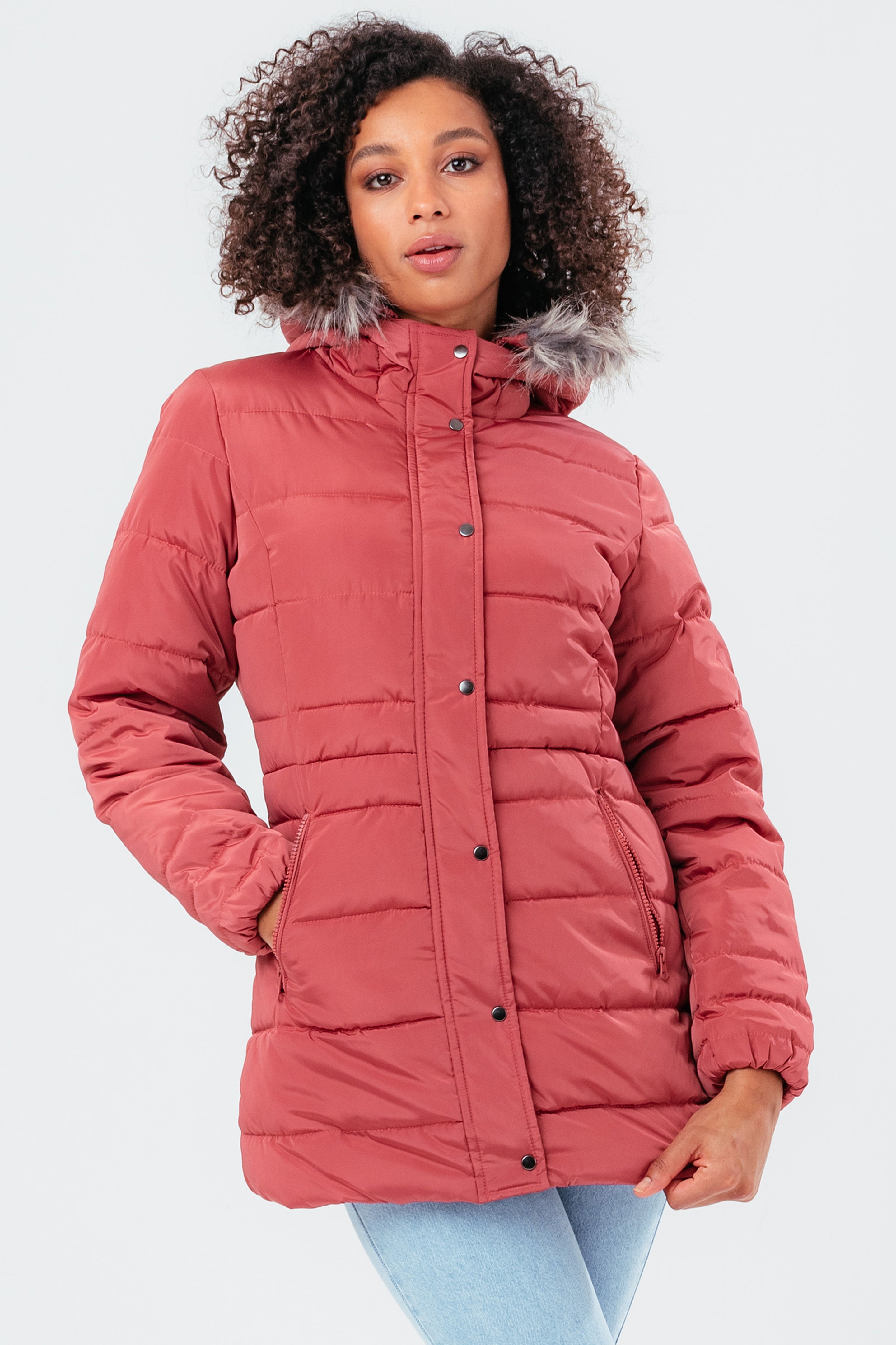 hype rosy mid length women’s padded coat with fur