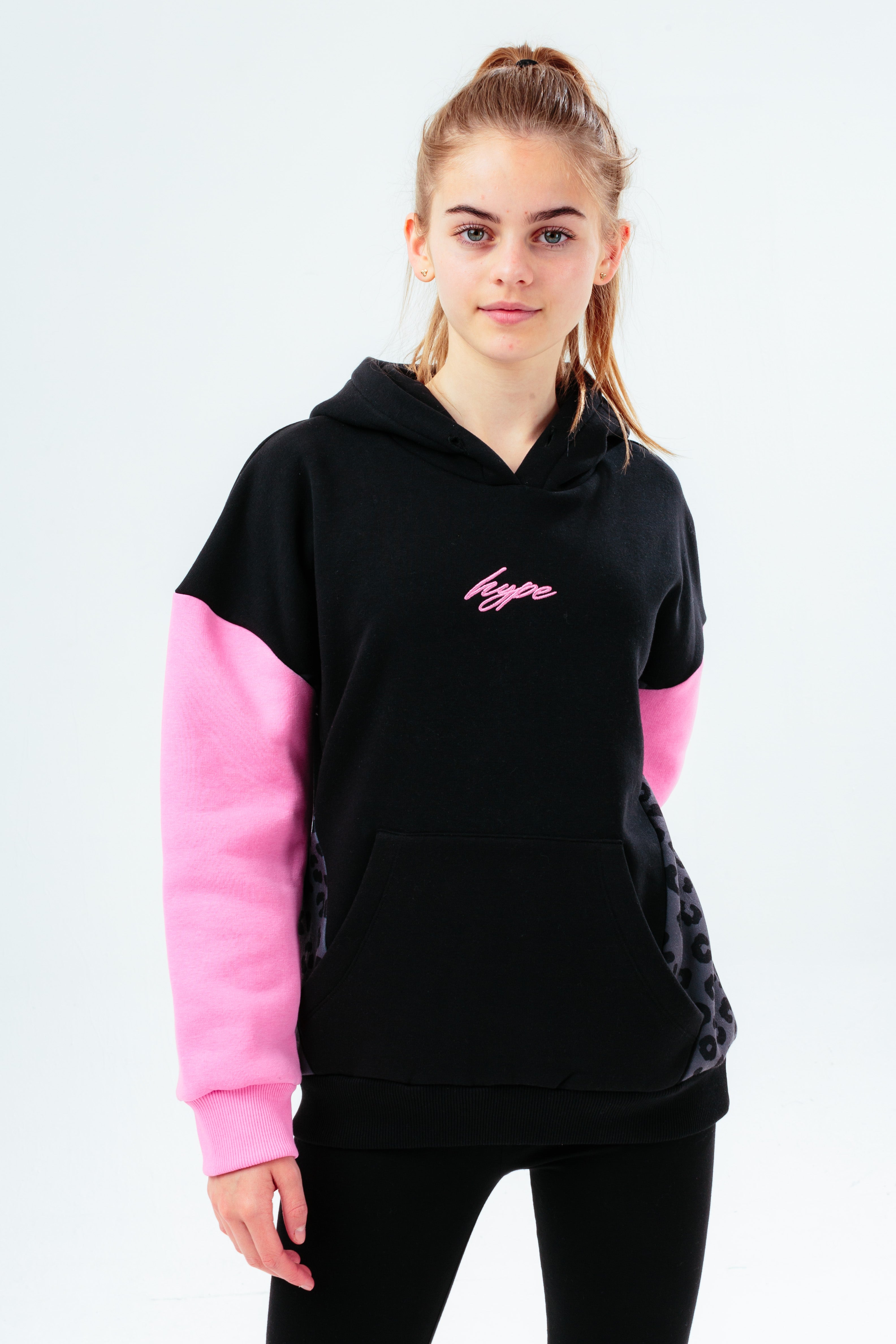 hype girls black leopard panel scribble hoodie