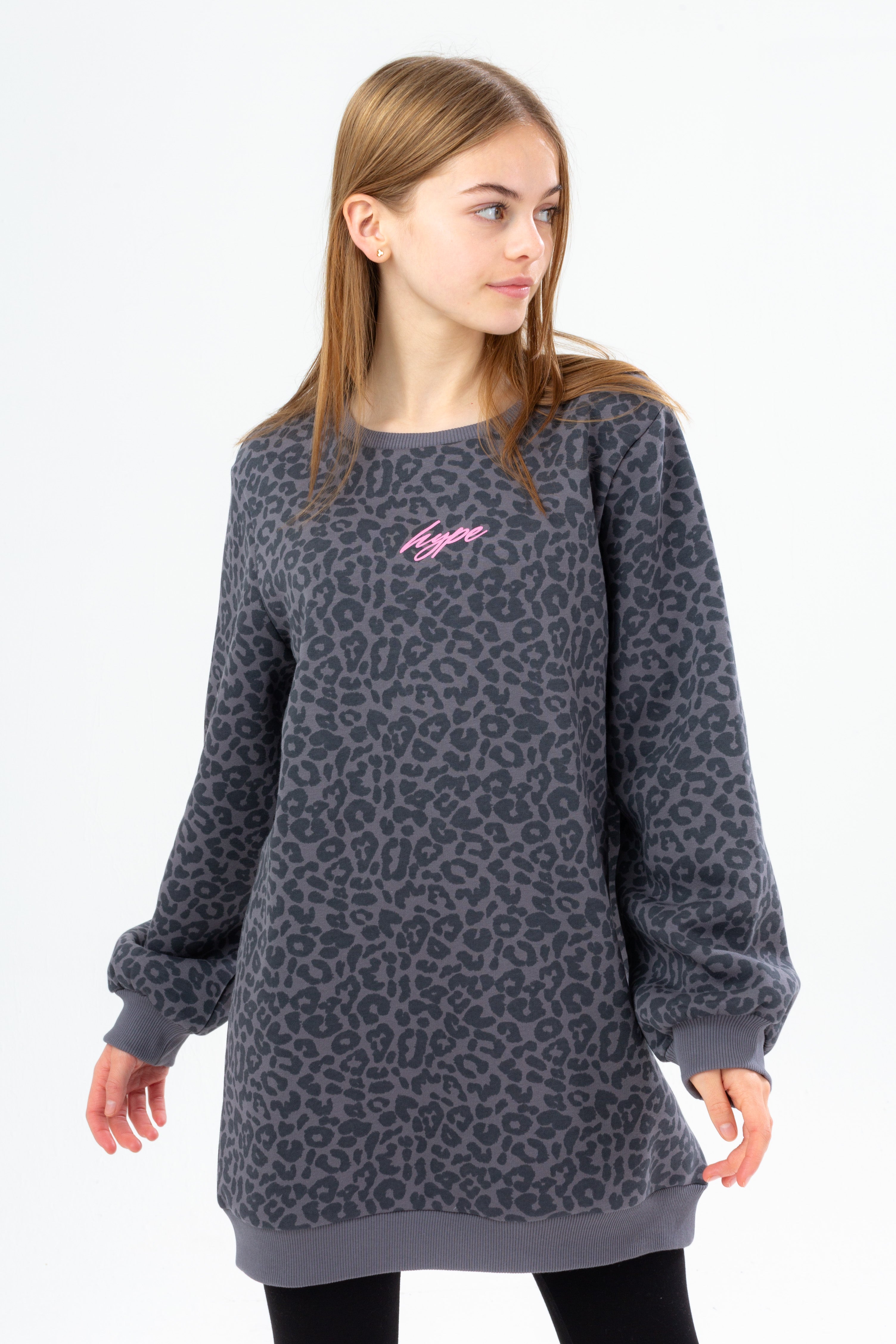 hype girls charcoal leopard balloon sleeve crew dress