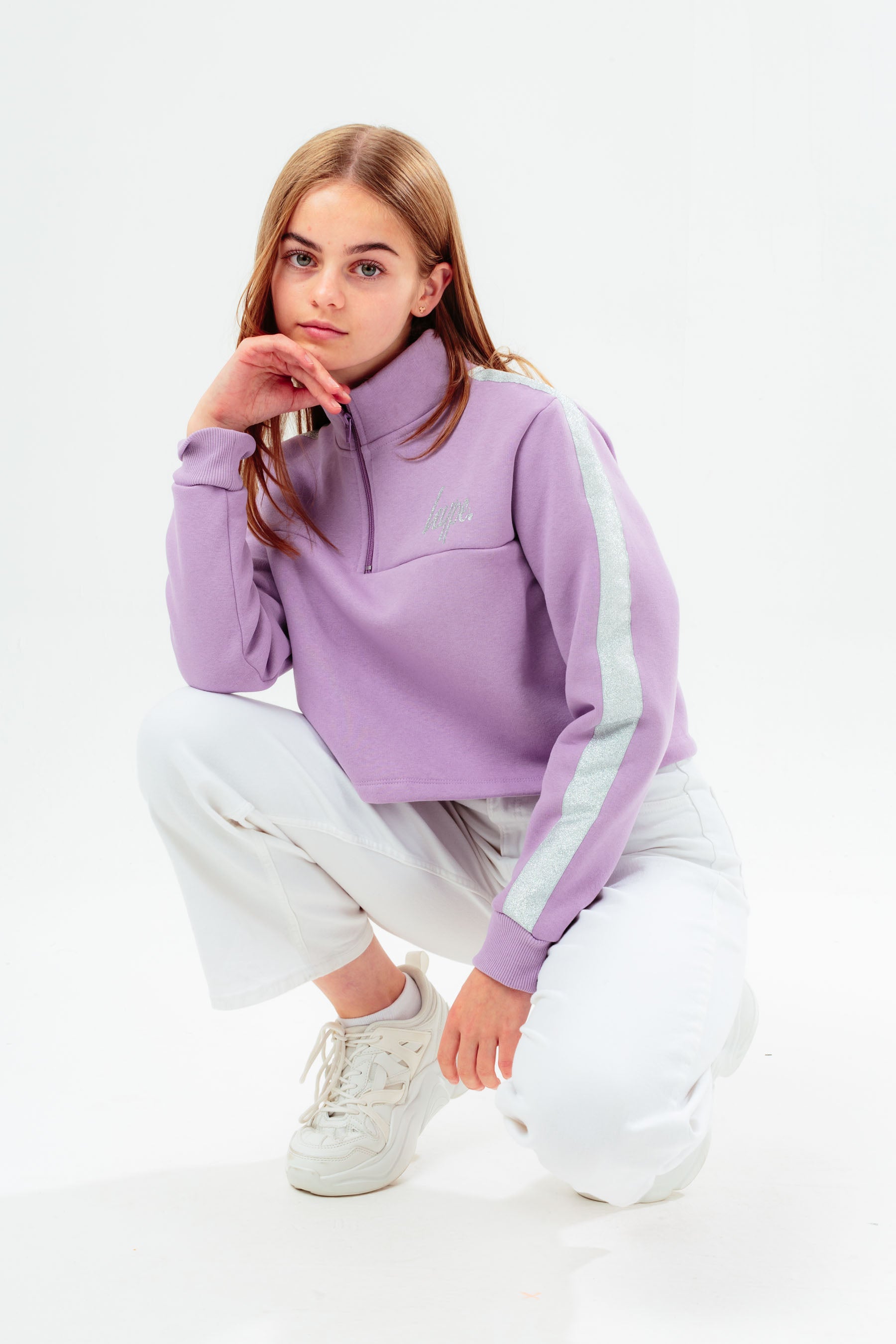 hype lilac glitter panelled half zip girls hoodie