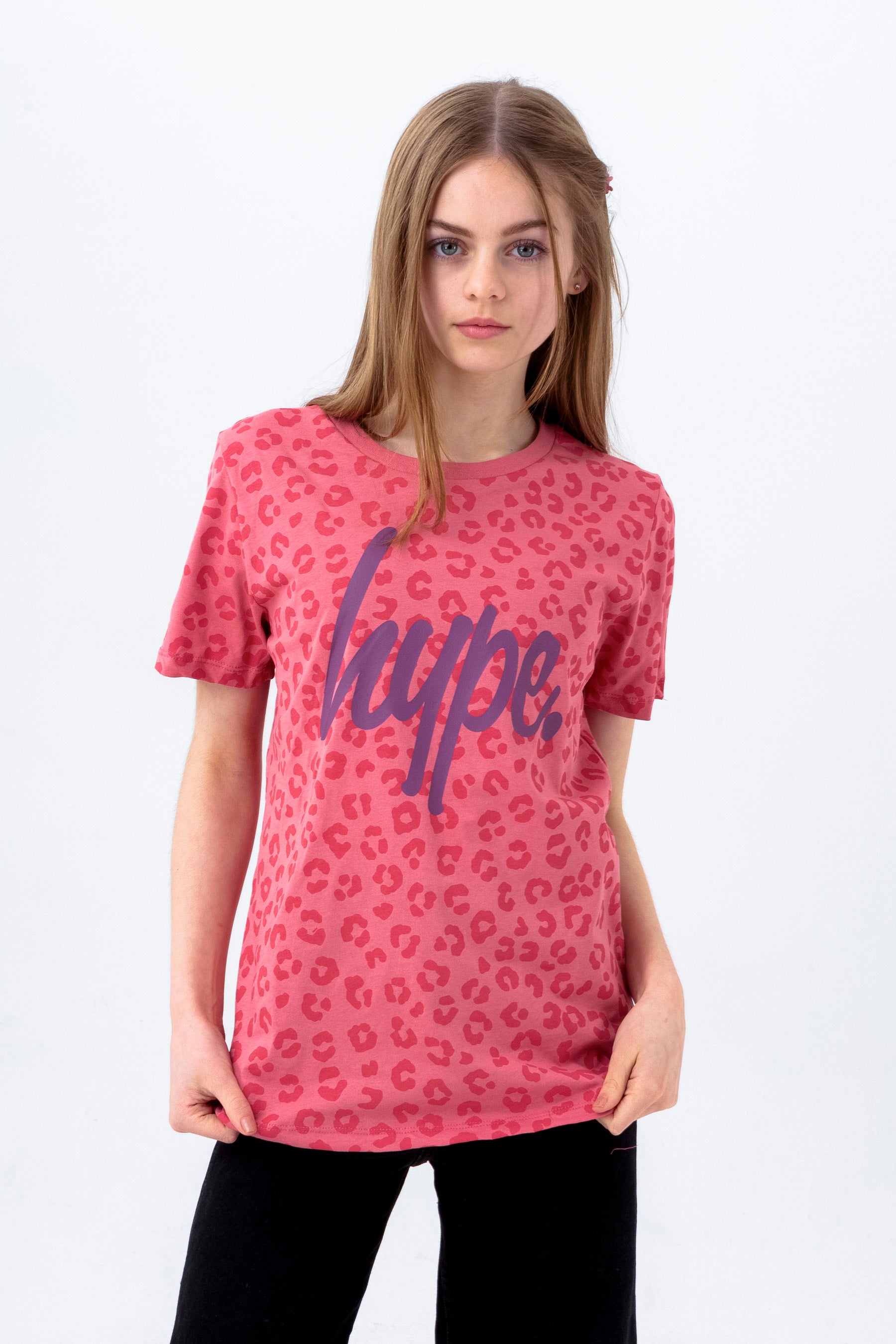 hype pink tonal leopard script girls t-shirt