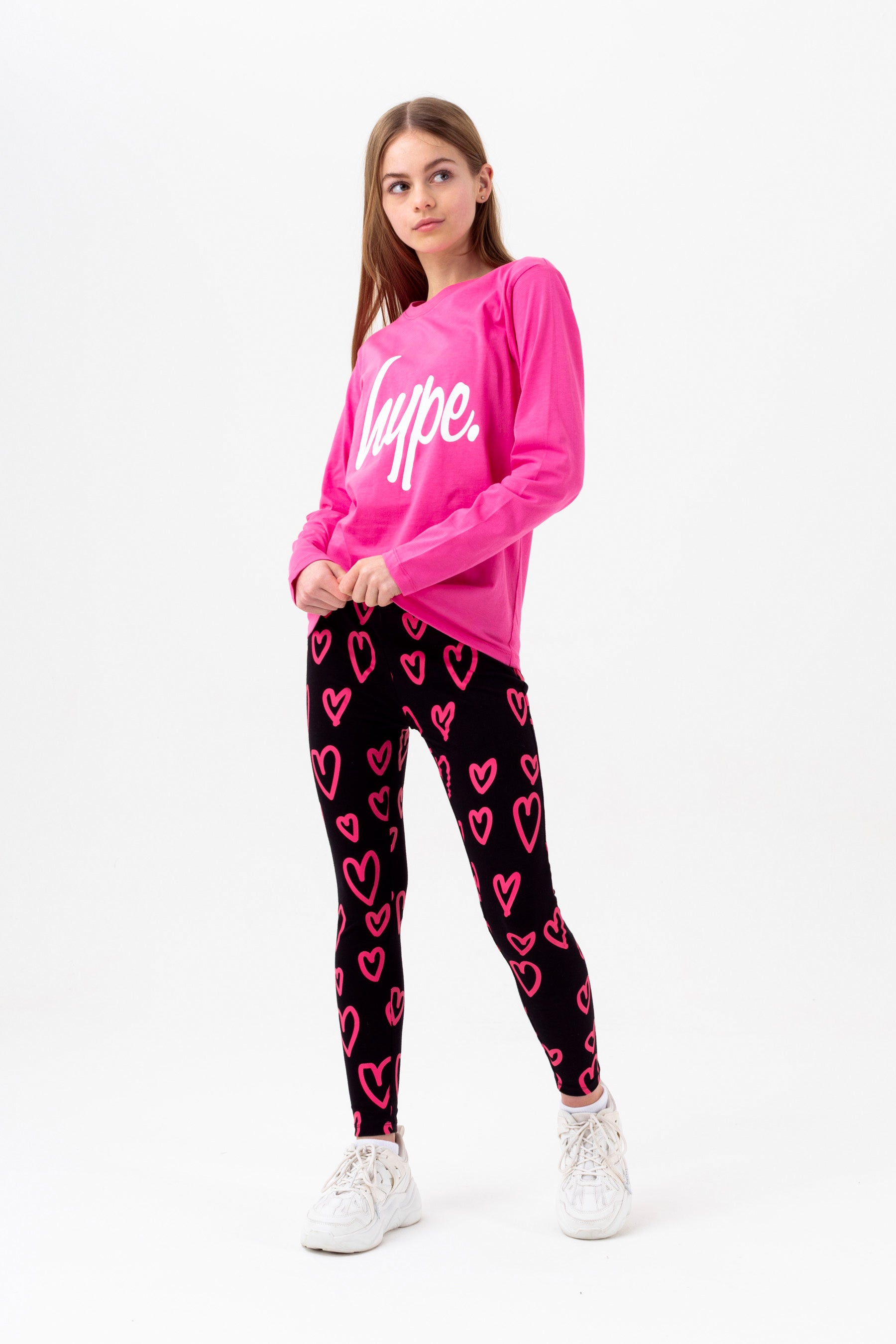 HYPE GIRLS FUCHSIA HEARTS SCRIPT CREW NECK & LEGGINGS | Hype.