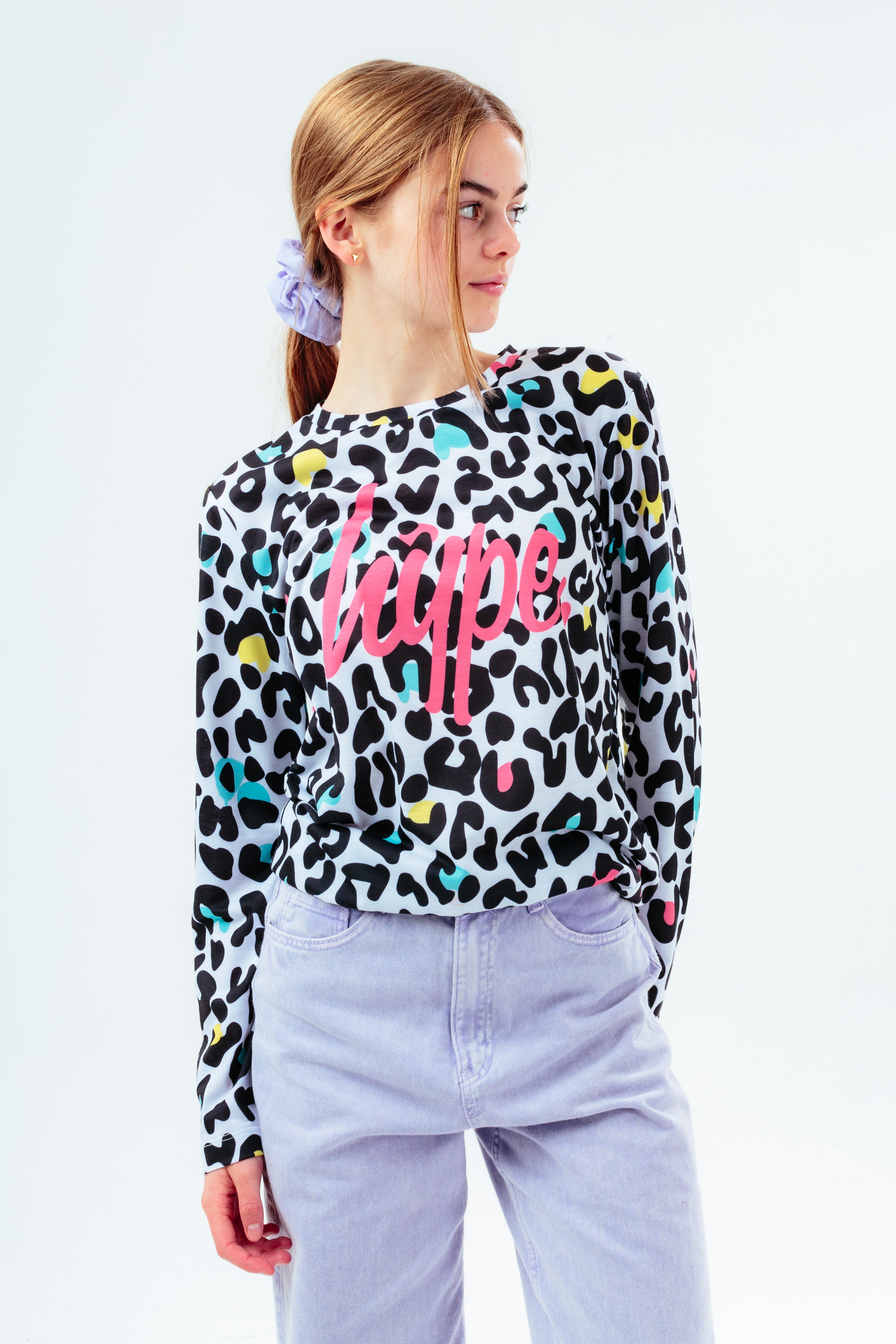 hype girls multi leopard script long dished hem t-shirt