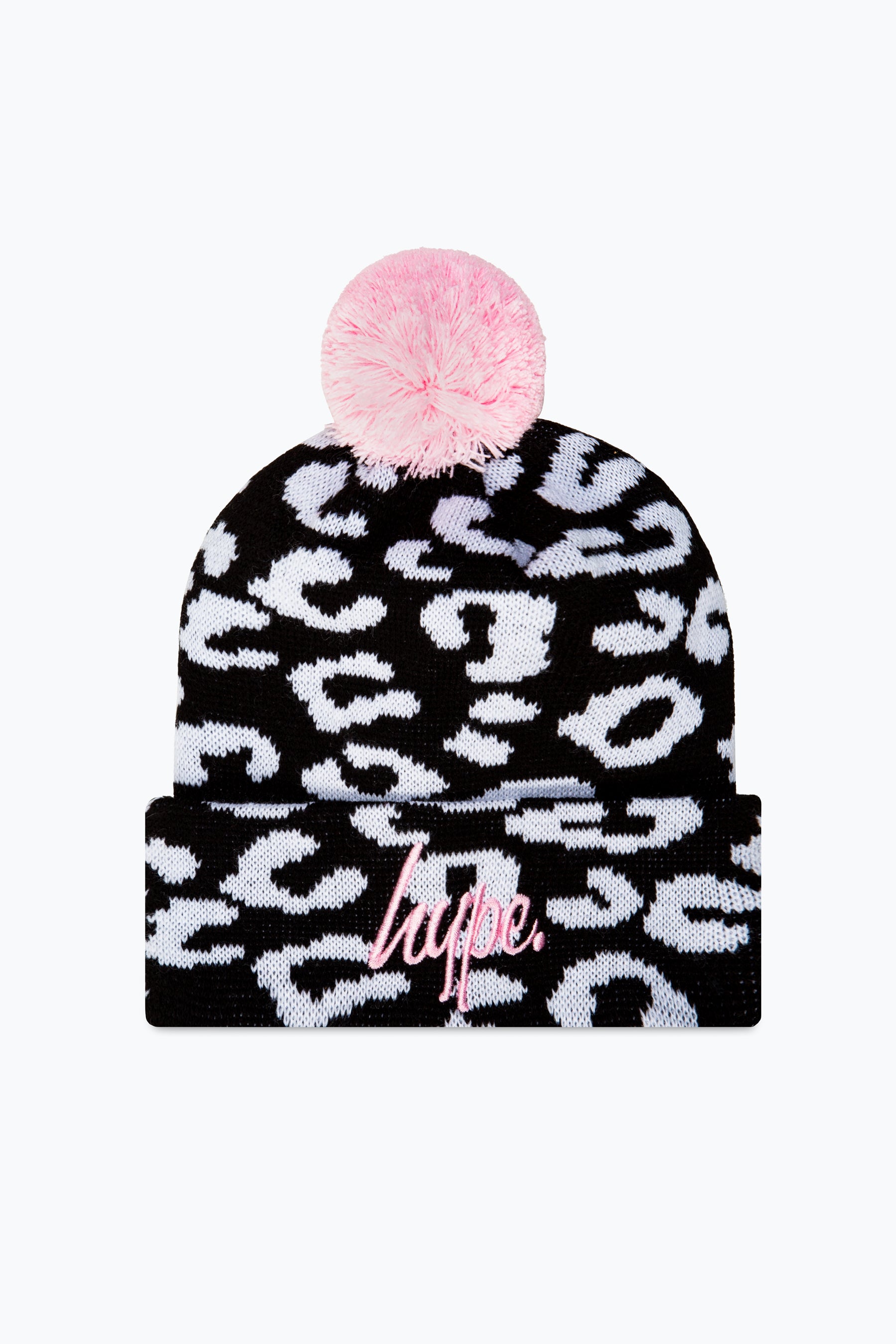 hype black cheetah knitted pom pom beanie