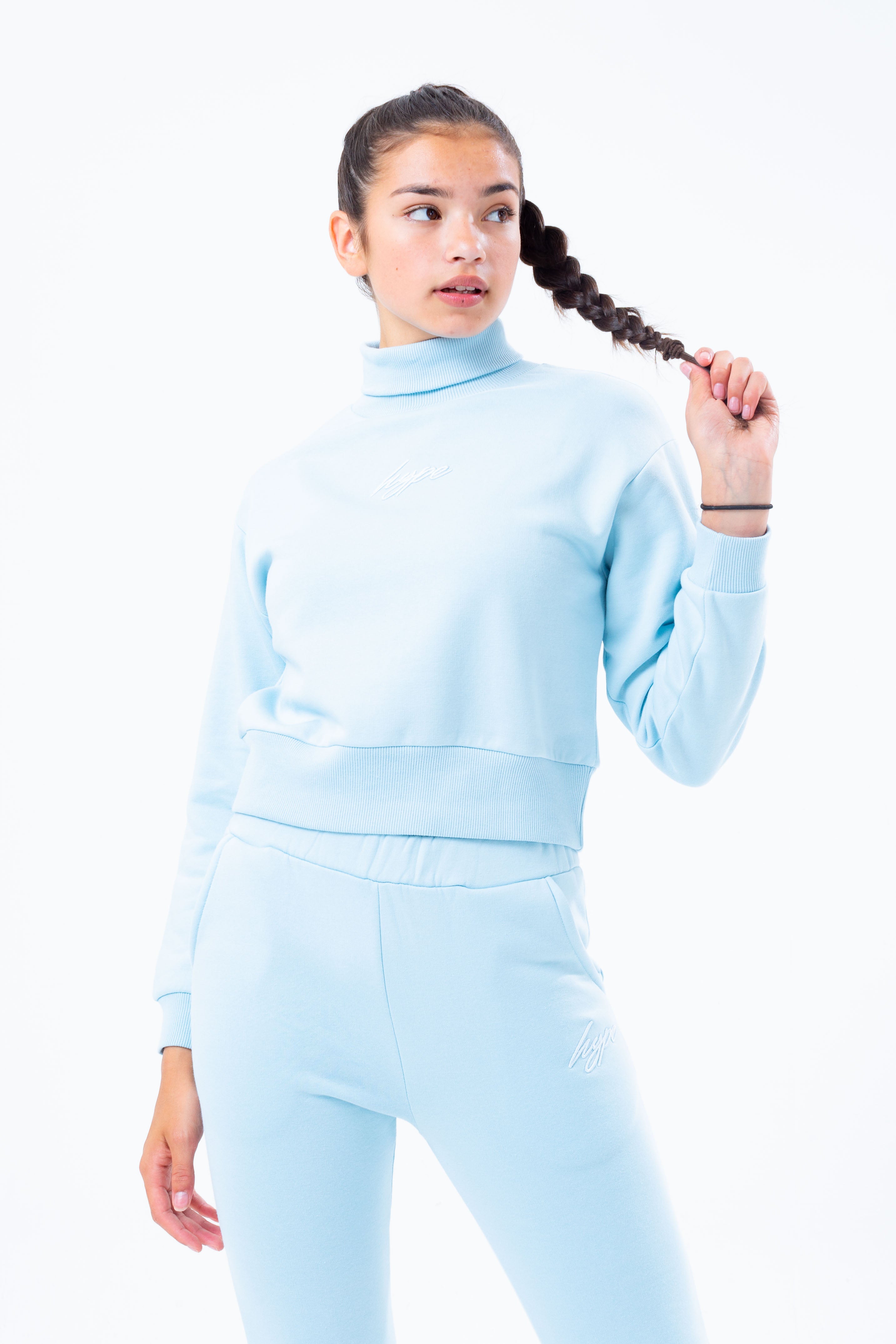 hype pale blue high neck girls crop sweatshirt