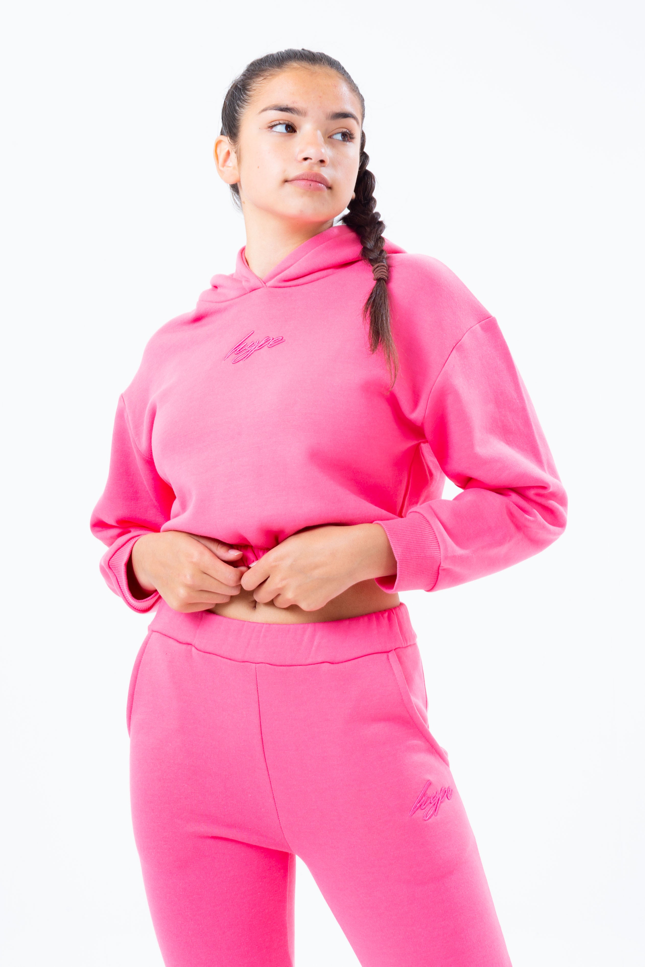 hype pink elasticated waist girls crop pullover hoodie