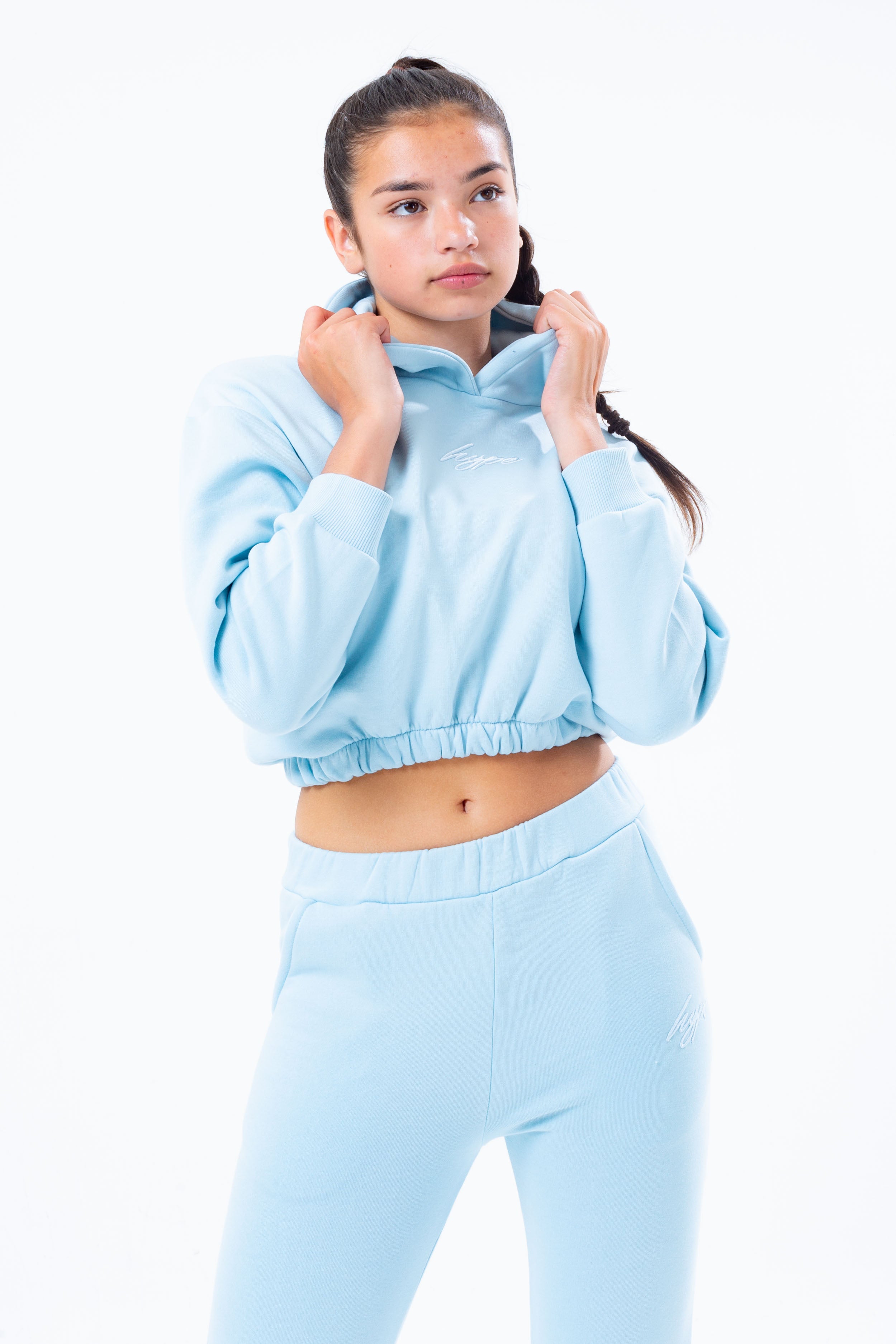 hype pale blue elasticated waist girls crop pullover hoodie