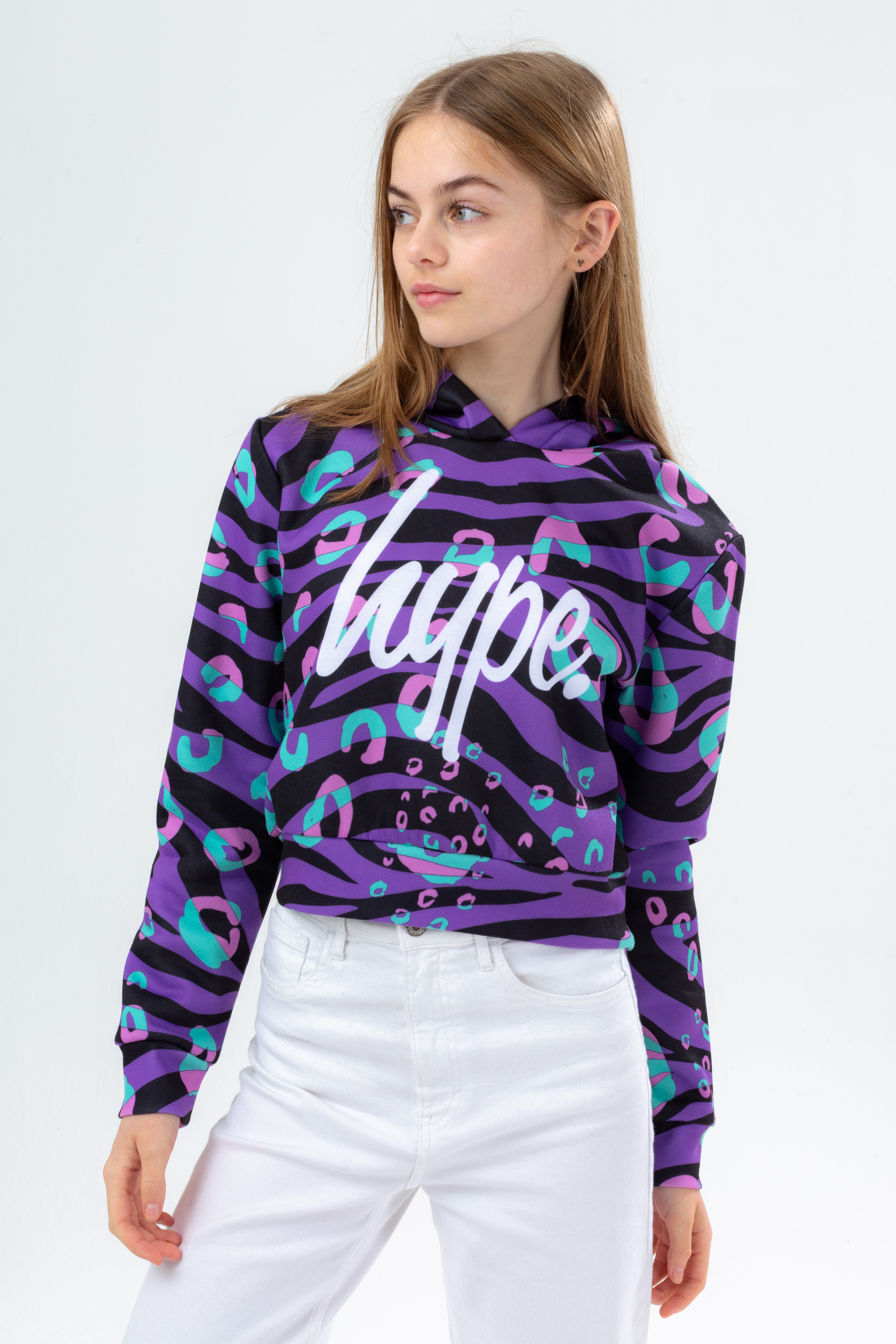 hype girls funky zeb-pard crop hoodie