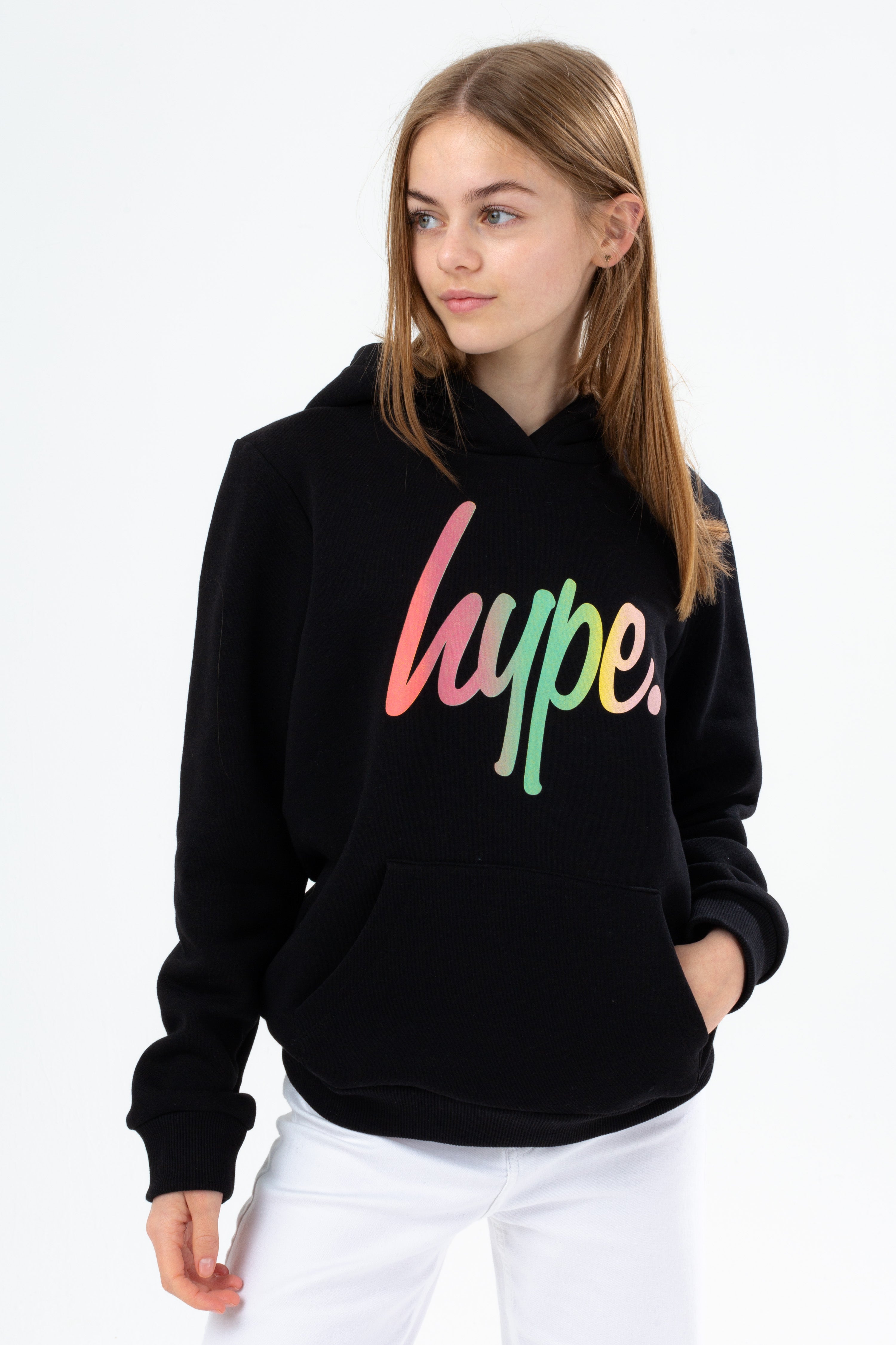 hype girls pastel rainbow script hoodie