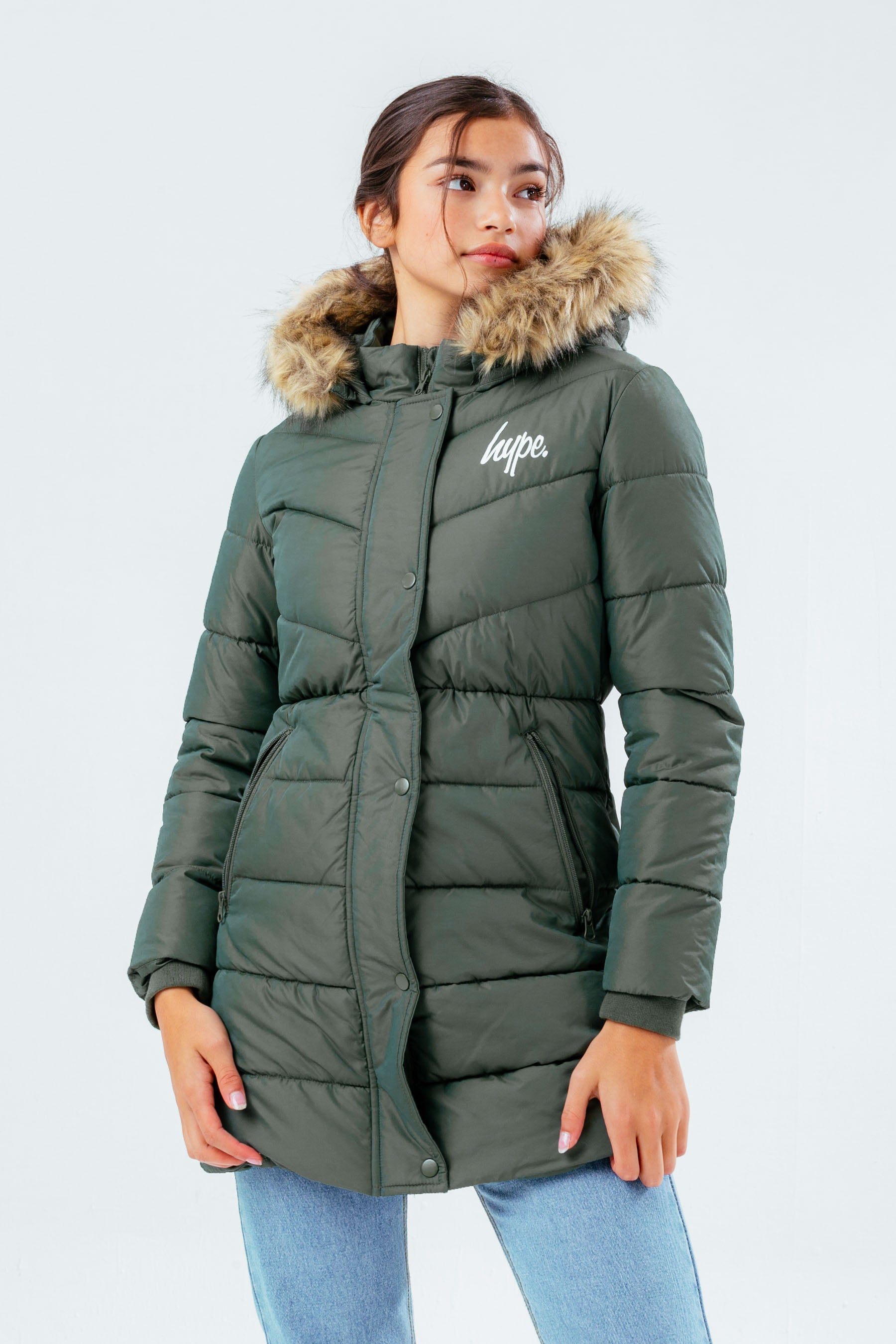 hype longline khaki girls puffer jacket with contrast fur hood