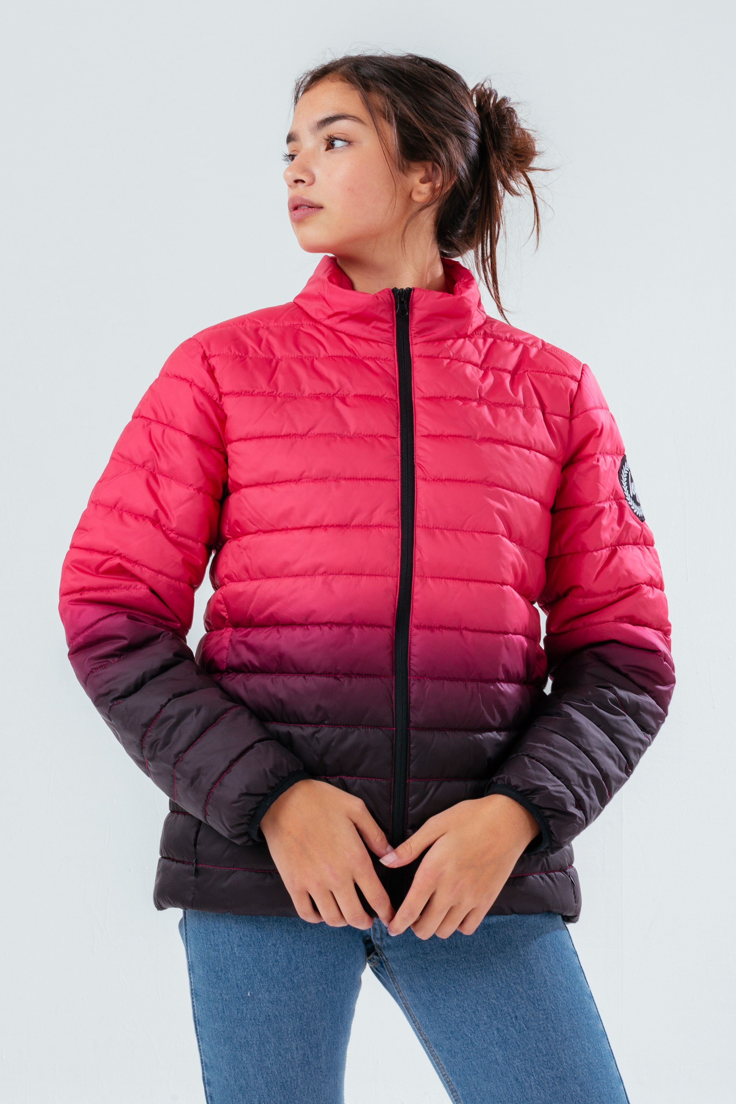 hype pink fade girls puffer jacket