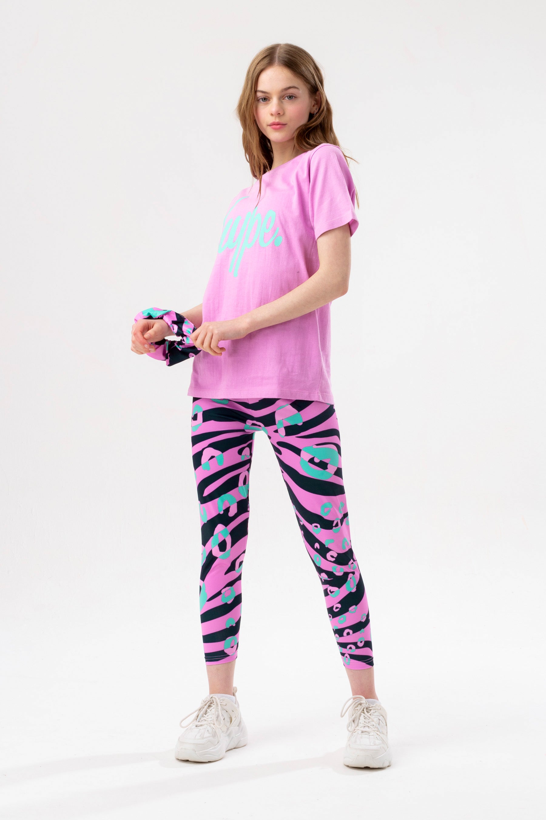 hype girls lilac groovy zebra script t-shirt & leggings & scrunchie set