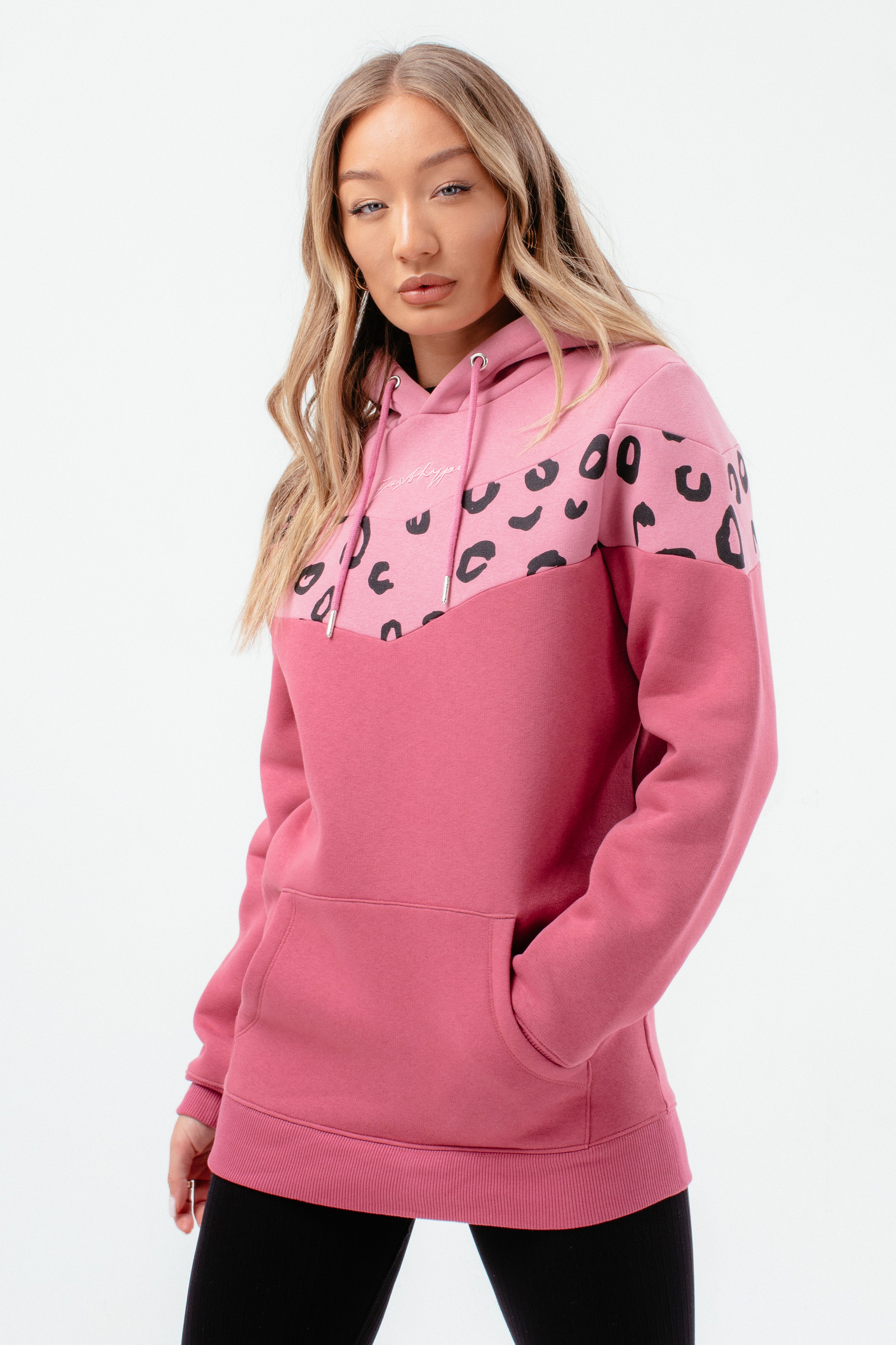 hype womens pink leopard panel longline hoodie