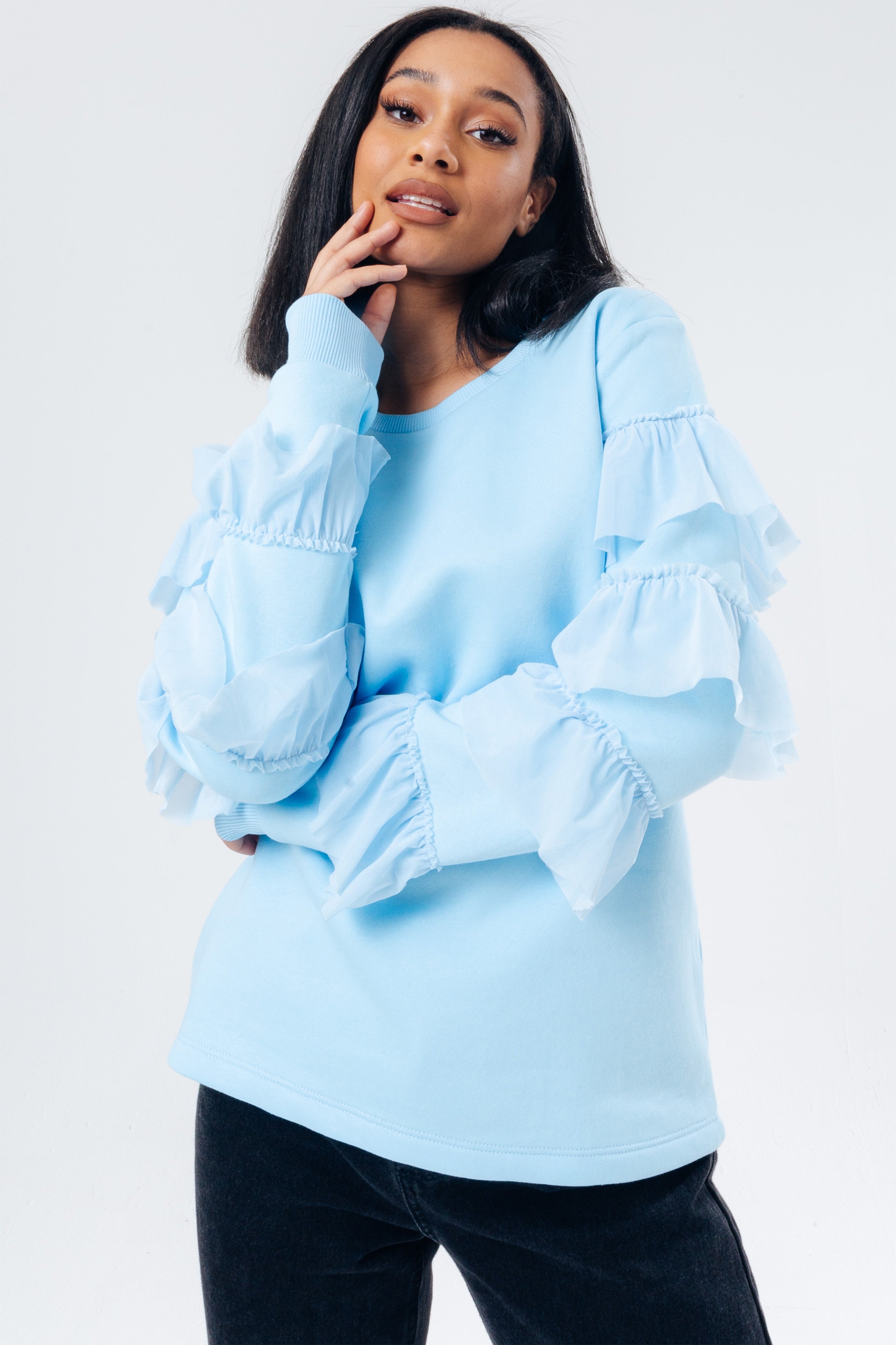 hype blue ruffle sleeve women’s crew neck