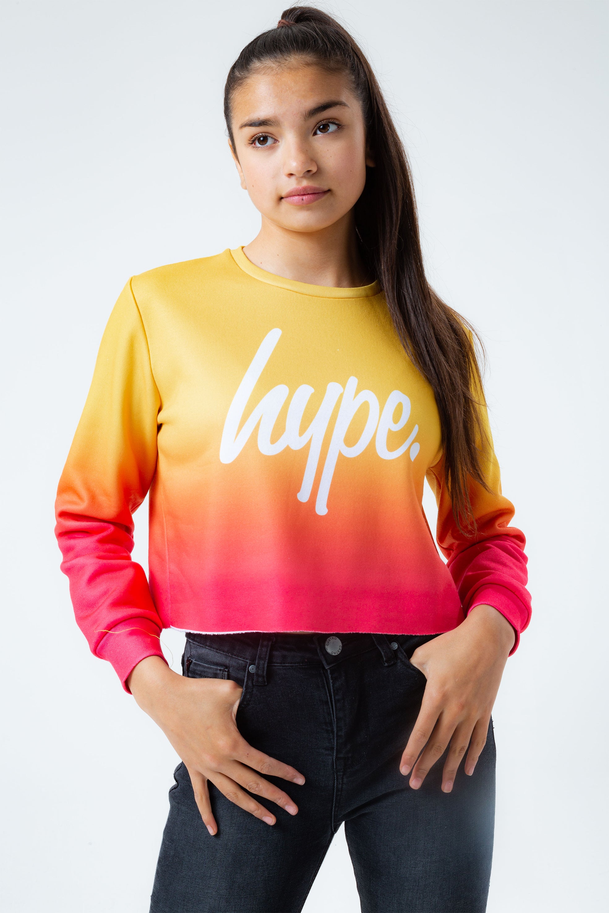 hype sunset fade girls crop crew neck