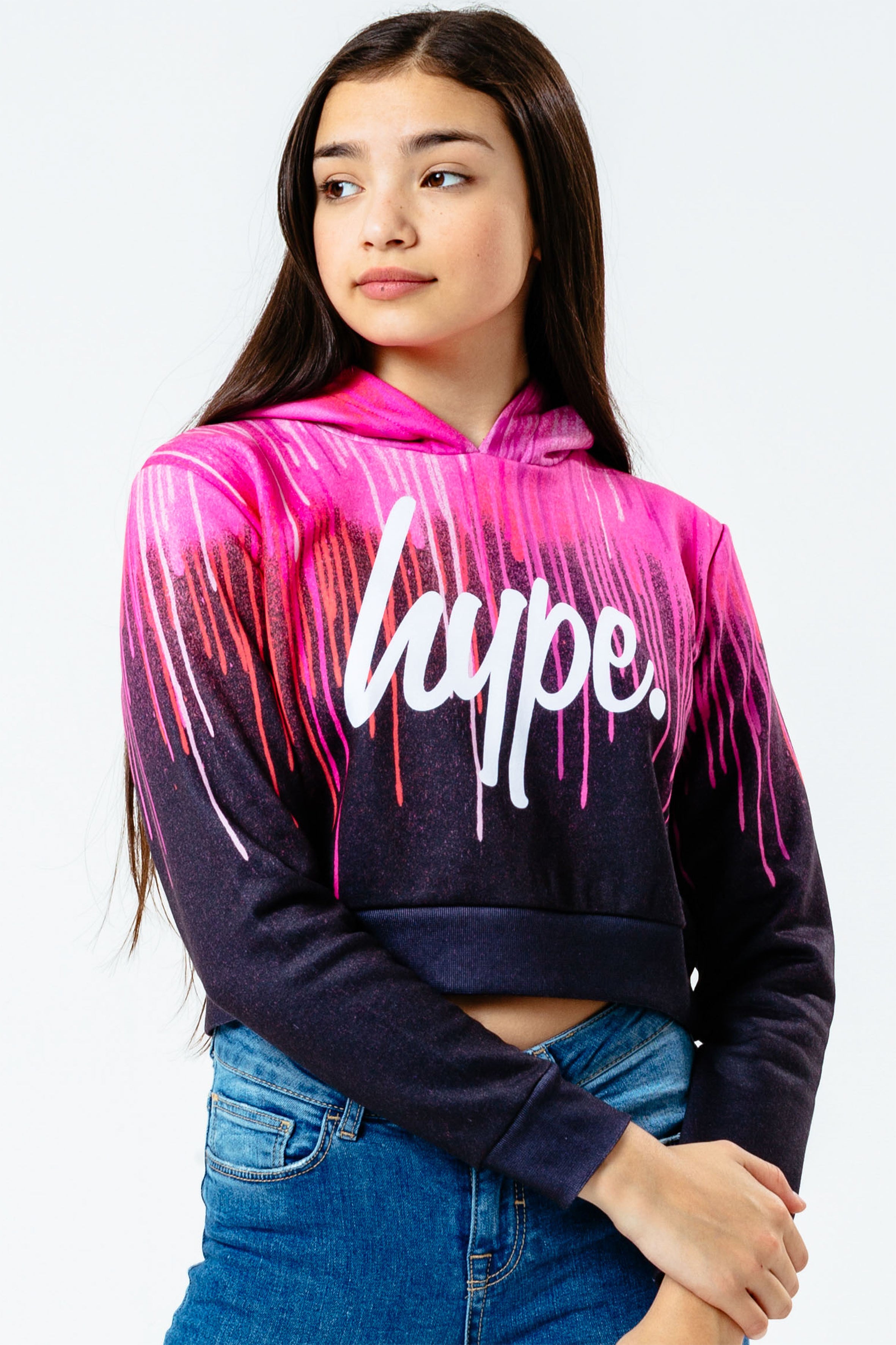 hype pink drips girls crop pullover hoodie