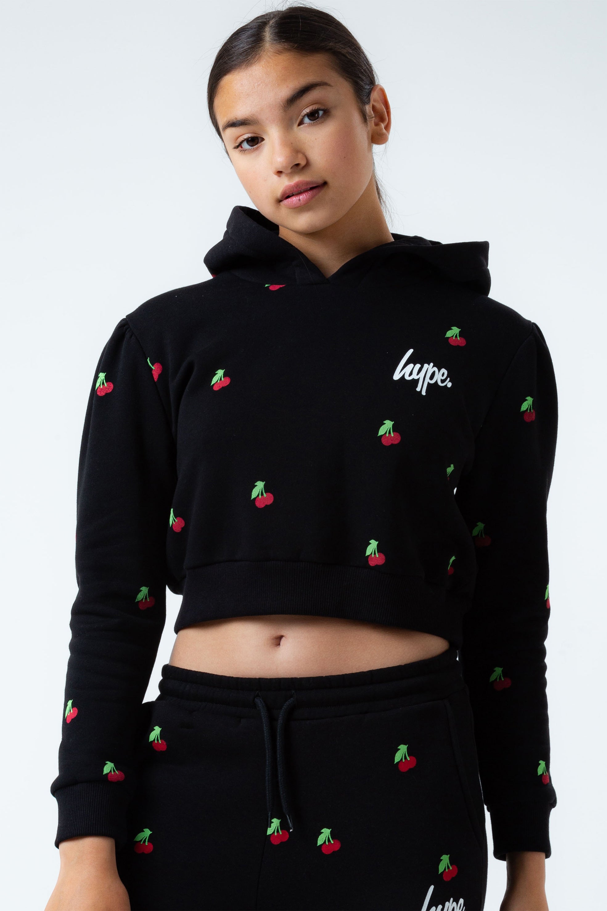 hype cherry balloon sleeve girls crop pullover hoodie