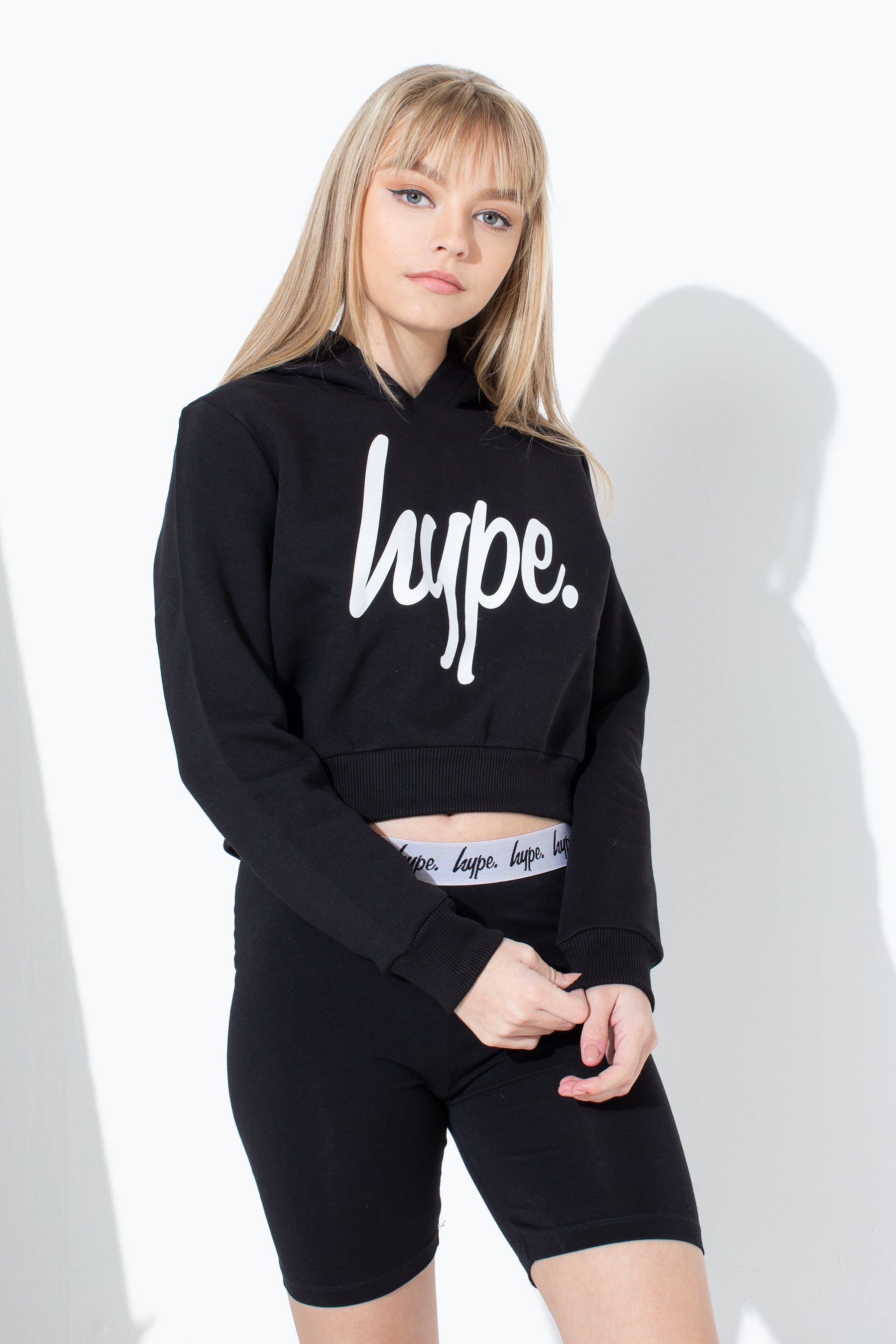 hype black white script girls crop hoodie