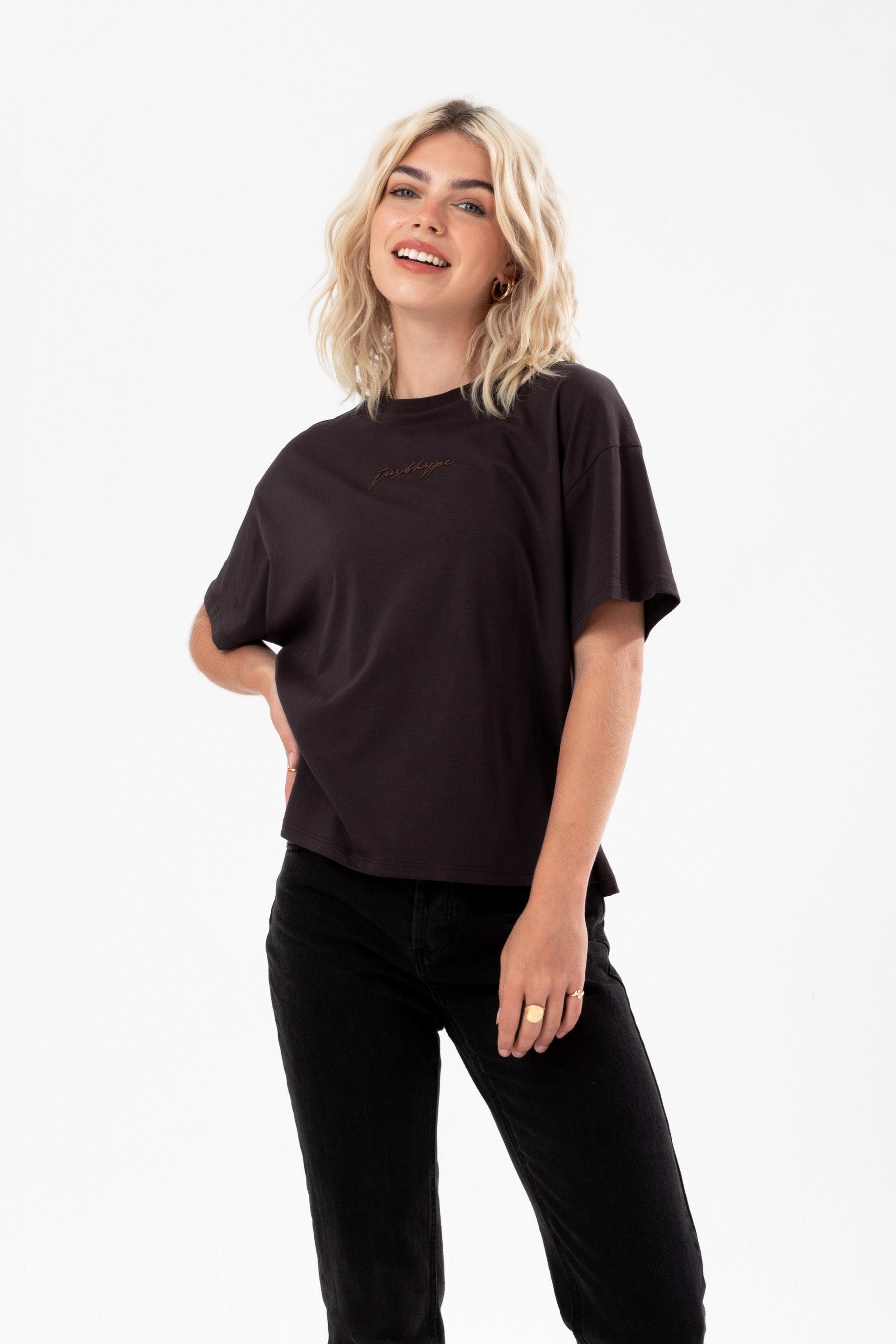 hype womens charcoal scribble embroidery boxy t-shirt